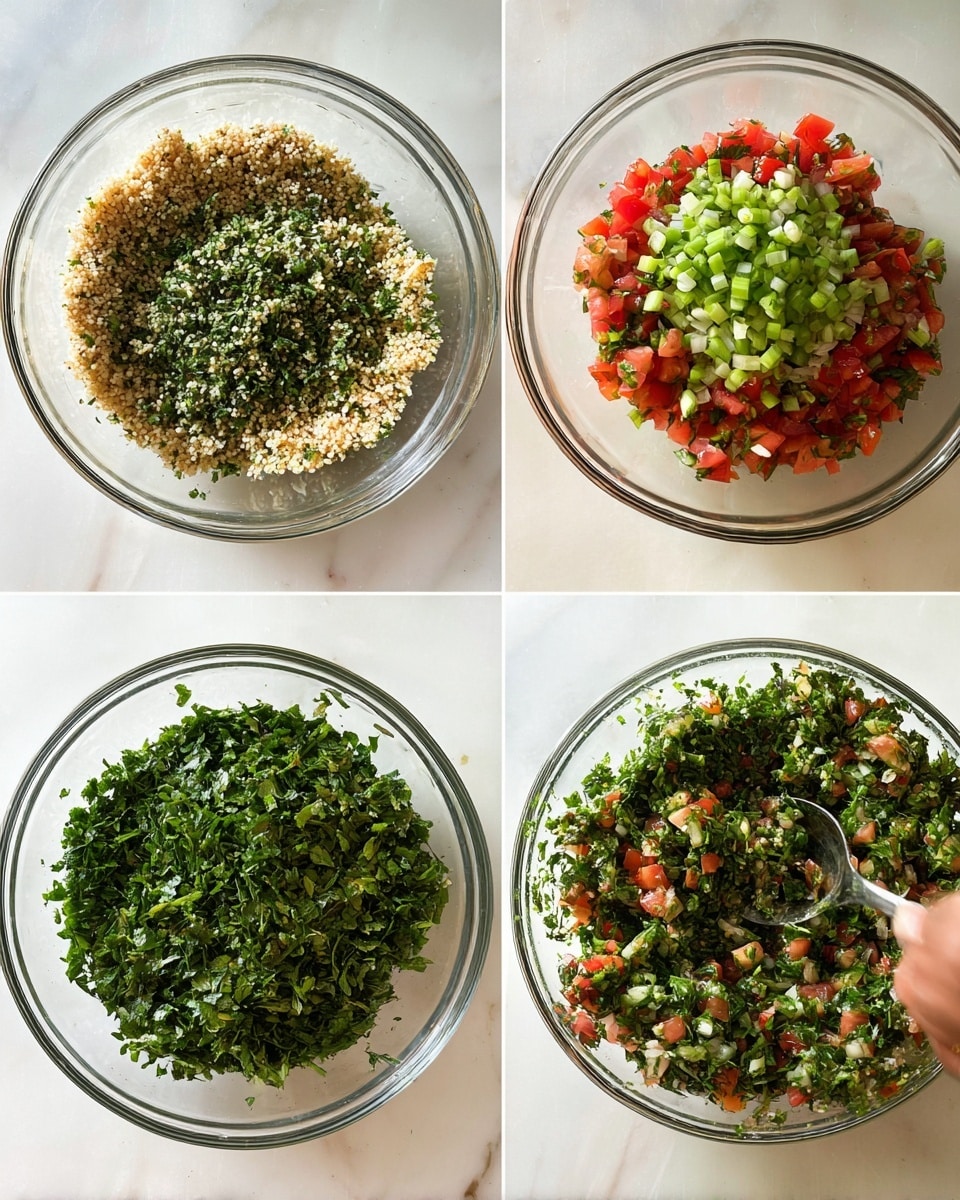 The image shows four glass bowls with layers of salad ingredients on a white marbled surface. In the top left bowl, there is a layer of finely ground beige grains mixed with green herbs, spread evenly in a circular shape. The top right bowl contains a colorful layer with small red diced tomatoes at the bottom and a thick topping of chopped green onions in round slices. The bottom left bowl is filled with a dense, even layer of finely chopped bright green herbs covering the entire surface. The bottom right bowl shows a mix of finely chopped green herbs combined with some pieces of red tomato, with a woman's hand holding a silver spoon, stirring the mixture gently. Photo taken with an iphone --ar 4:5 --v 7