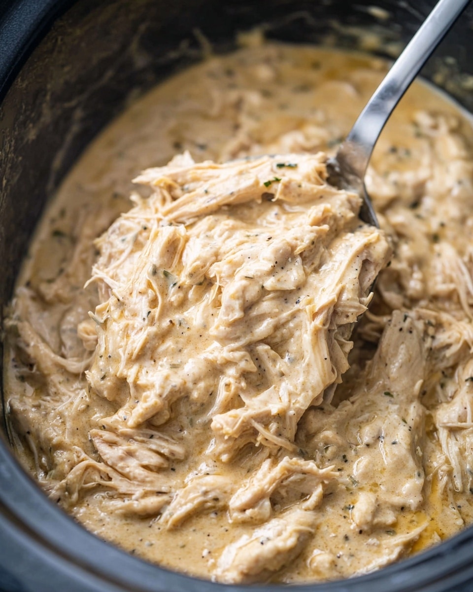 The image shows a spoon scooping thick, creamy shredded chicken from a slow cooker. The dish is one layer of soft, light beige shredded chicken mixed evenly with a smooth, creamy sauce that has specks of black pepper and herbs throughout. The slow cooker is dark gray, and the background has a white marbled texture. The sauce looks rich and dense while coating the chicken fully, creating a comforting and hearty appearance. Photo taken with an iphone --ar 4:5 --v 7