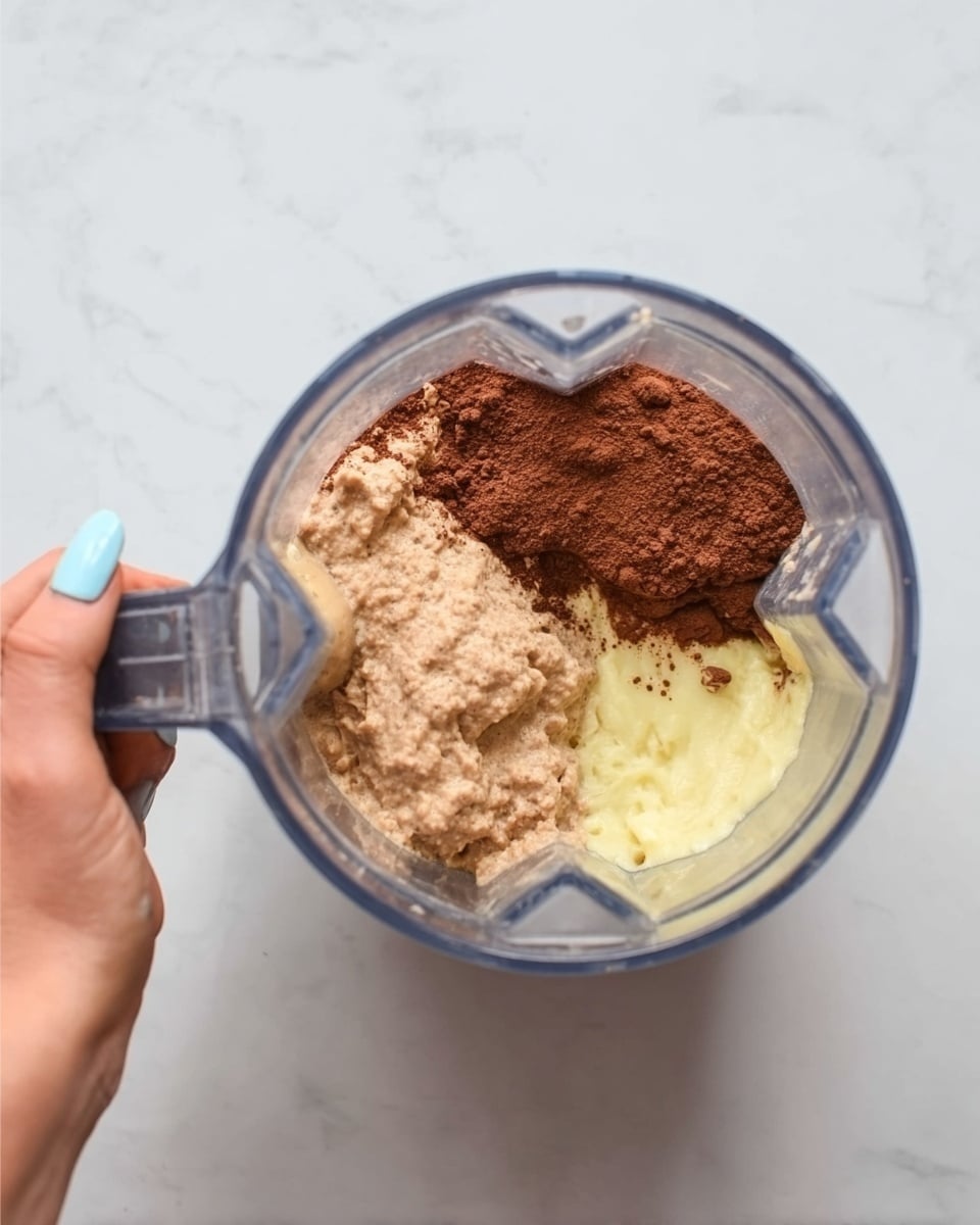 A clear blender container is shown from the top, filled with several layers of ingredients. The bottom layer is light yellow and smooth, likely mashed banana or a similar fruit. On one side, there is a beige chunky layer that looks like nut butter or soft nuts. The largest section on top is covered with a dark brown powder, likely cocoa or cinnamon. A woman's hand with light blue nail polish holds the handle of the blender container. The background is a white marbled texture. photo taken with an iphone --ar 4:5 --v 7