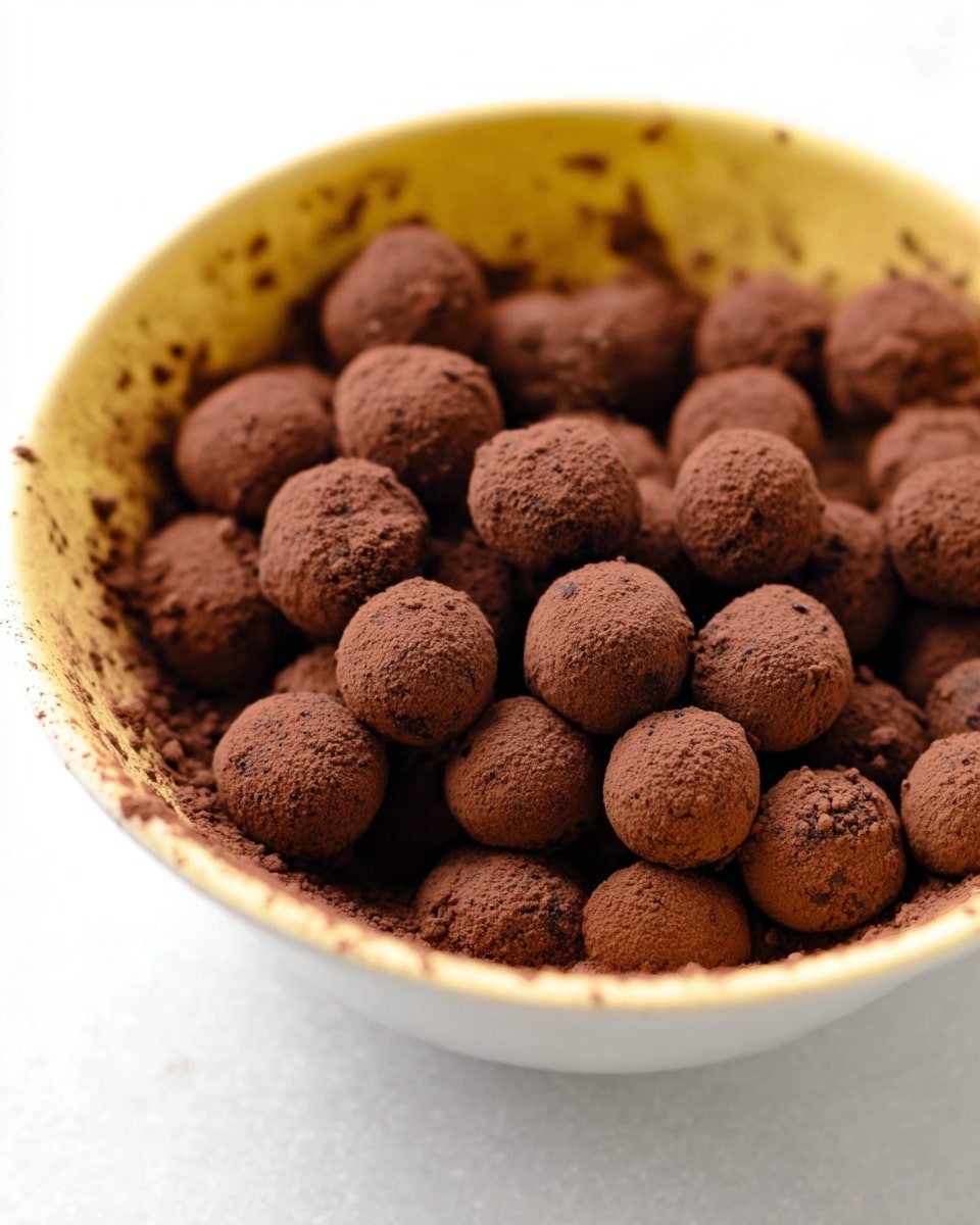 The image shows a close-up of a white bowl filled with many small, round chocolate balls covered in a thick layer of dark cocoa powder. The balls have a rough texture, and some cocoa powder is scattered inside the bowl, sticking to the sides. The bowl itself is plain white and sits on a white marbled surface. The chocolate balls are uneven in size, and the overall look is rich and rustic. photo taken with an iphone --ar 4:5 --v 7