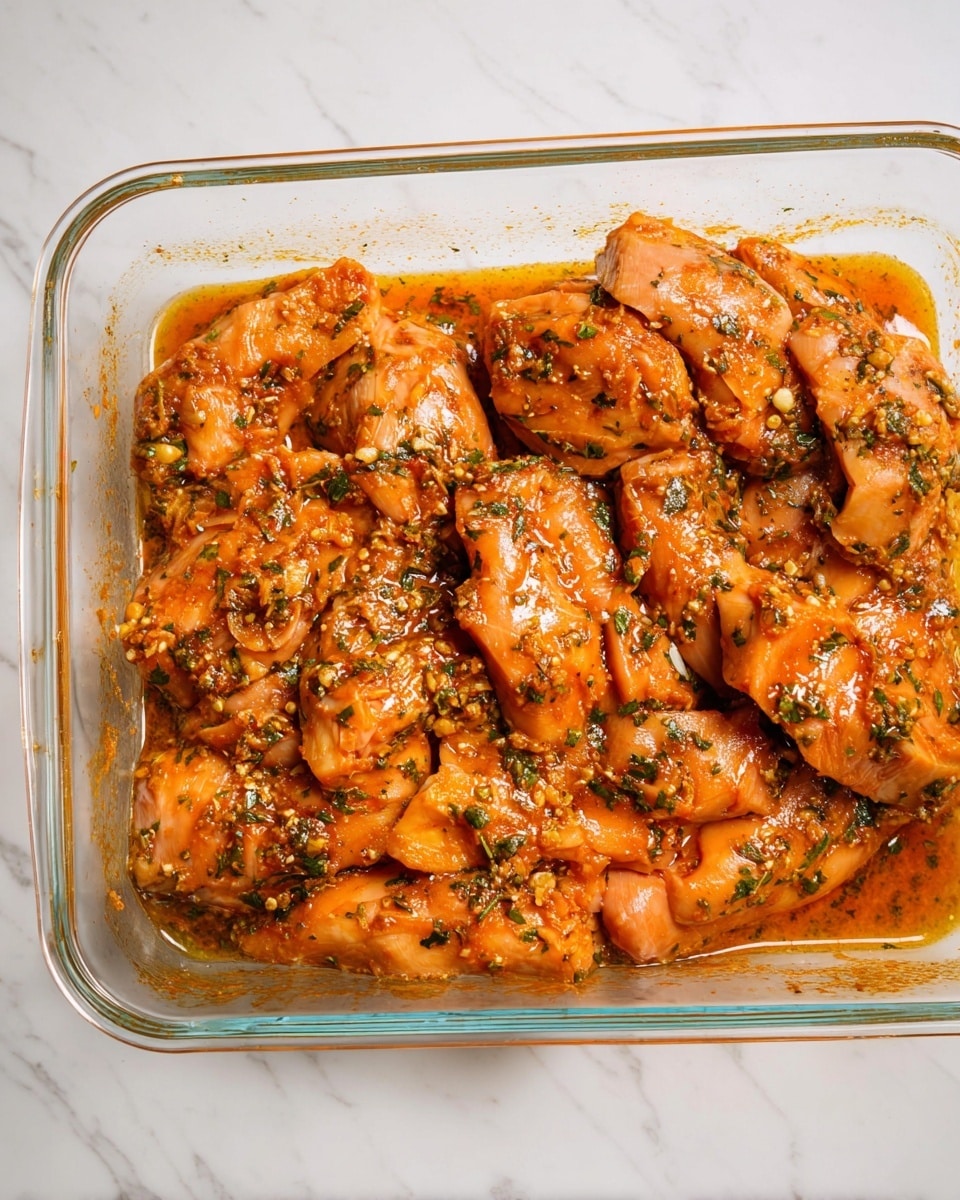 A clear glass rectangular dish filled with many pieces of raw chicken marinated in a reddish-orange sauce. The sauce has visible small green herb bits mixed all over the chicken, giving it a textured look. The chicken pieces slightly overlap each other inside the dish. The dish sits on a white marbled surface. Photo taken with an iphone --ar 4:5 --v 7