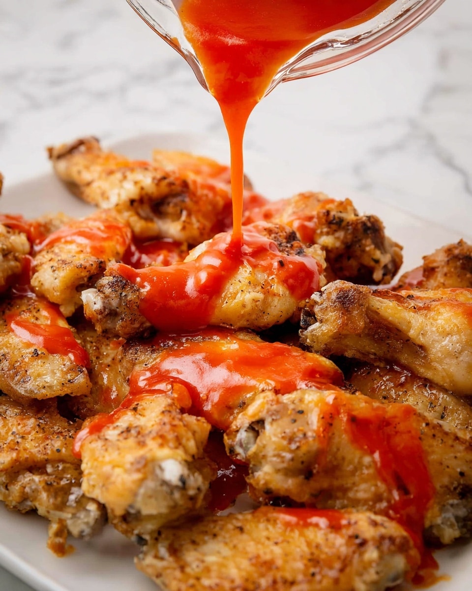 The image shows a white plate filled with about two layers of golden brown chicken wings, arranged closely together. On top of the wings, bright red sauce is being poured, covering the wings unevenly with a smooth, shiny texture. The background is a white marbled surface with subtle veins. The sauce contrasts vividly with the crispy chicken skin, and the wings have hints of seasoning and slight charring. photo taken with an iphone --ar 4:5 --v 7