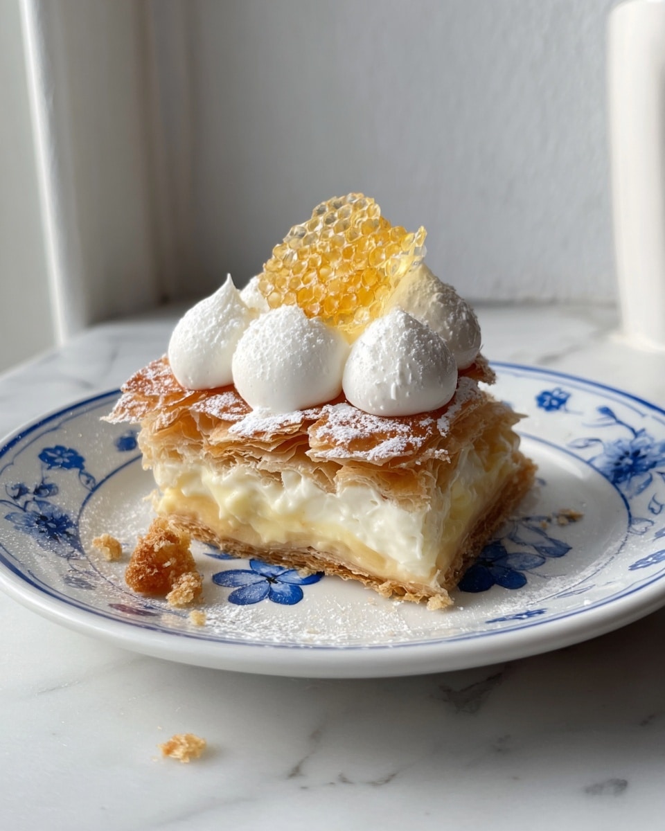 A dessert with three visible layers is placed on a white plate with blue flower patterns, set on a white marbled surface. The bottom layer is a light brown and creamy custard. Above it is a thick layer of golden puff pastry that looks crispy and flaky, dusted lightly with powdered sugar. On top of this are white whipped cream dollops that look soft and fluffy, with a piece of golden honeycomb sitting on the cream, showing its shiny, translucent texture. A small crumb of pastry lies on the plate near the dessert. Photo taken with an iphone --ar 4:5 --v 7