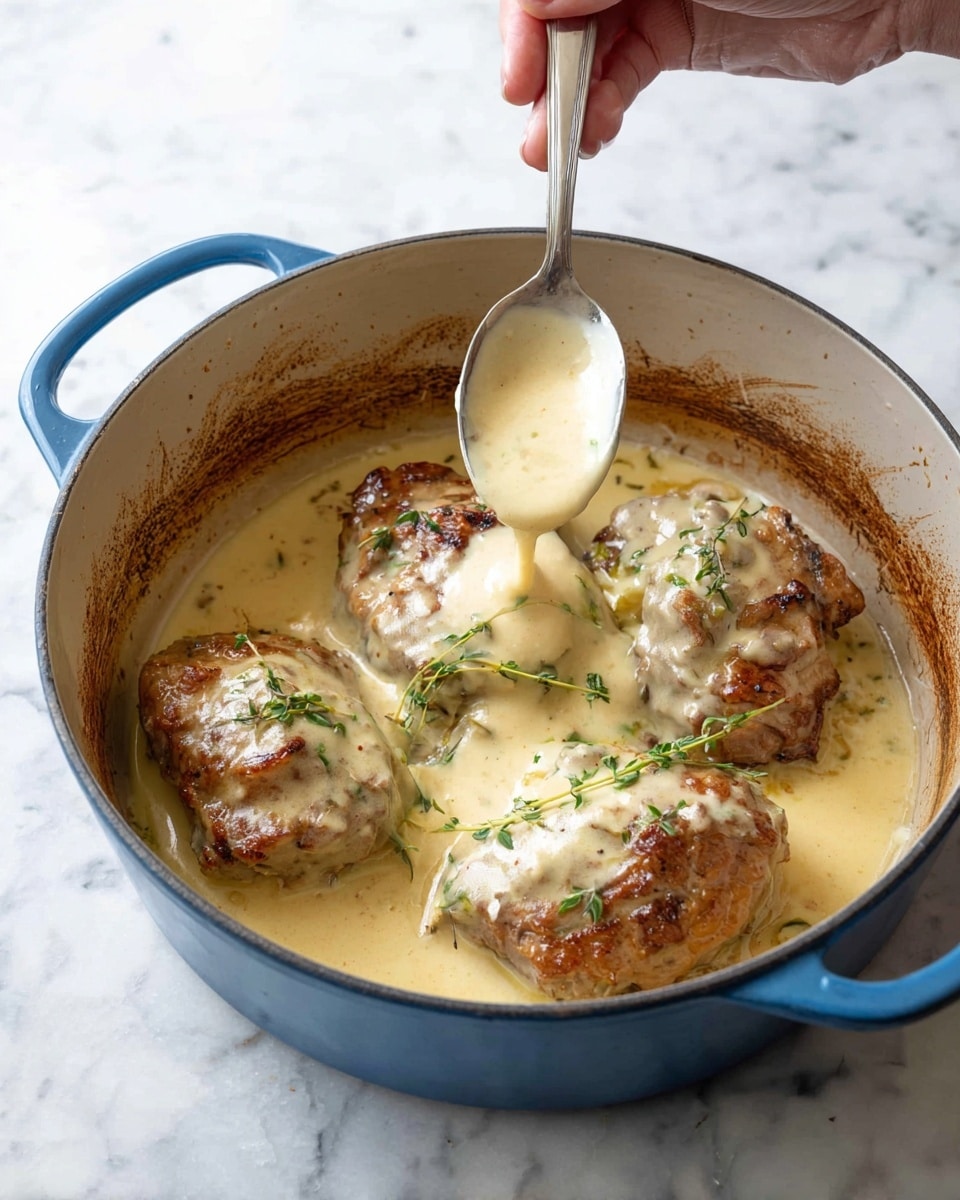 In a blue cooking pot on a white marbled surface, four cooked pieces of meat sit covered with a creamy light yellow sauce, topped with small green herb leaves. A woman's hand holds a shiny silver spoon above the meat, dripping the sauce onto the pieces. The inside of the pot shows brown cooked marks around the edges, adding texture to the smooth creamy sauce. photo taken with an iphone --ar 4:5 --v 7