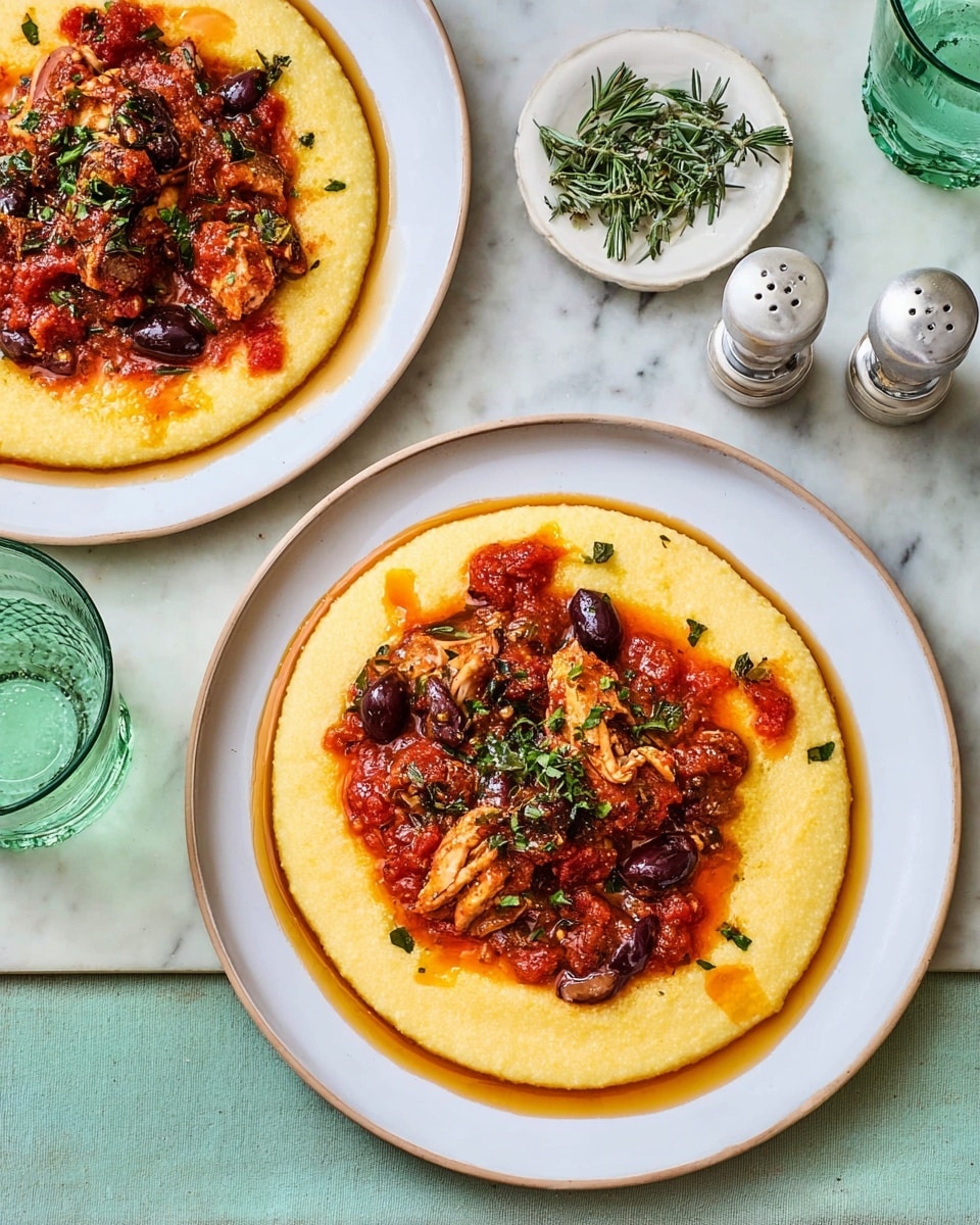 Two white plates each have a dish with two layers. The bottom layer is smooth, pale yellow creamy polenta spread in a circle covering most of the plate. On top, there is chunky tomato chicken stew with pieces of dark brown olives and small green herbs scattered around. The stew is saucy and shiny with orange oil drizzled lightly. The plates sit on a white marbled surface with a small white dish of green herb sprigs, two small glass salt and pepper shakers, and two light green glasses nearby. Photo taken with an iphone --ar 4:5 --v 7