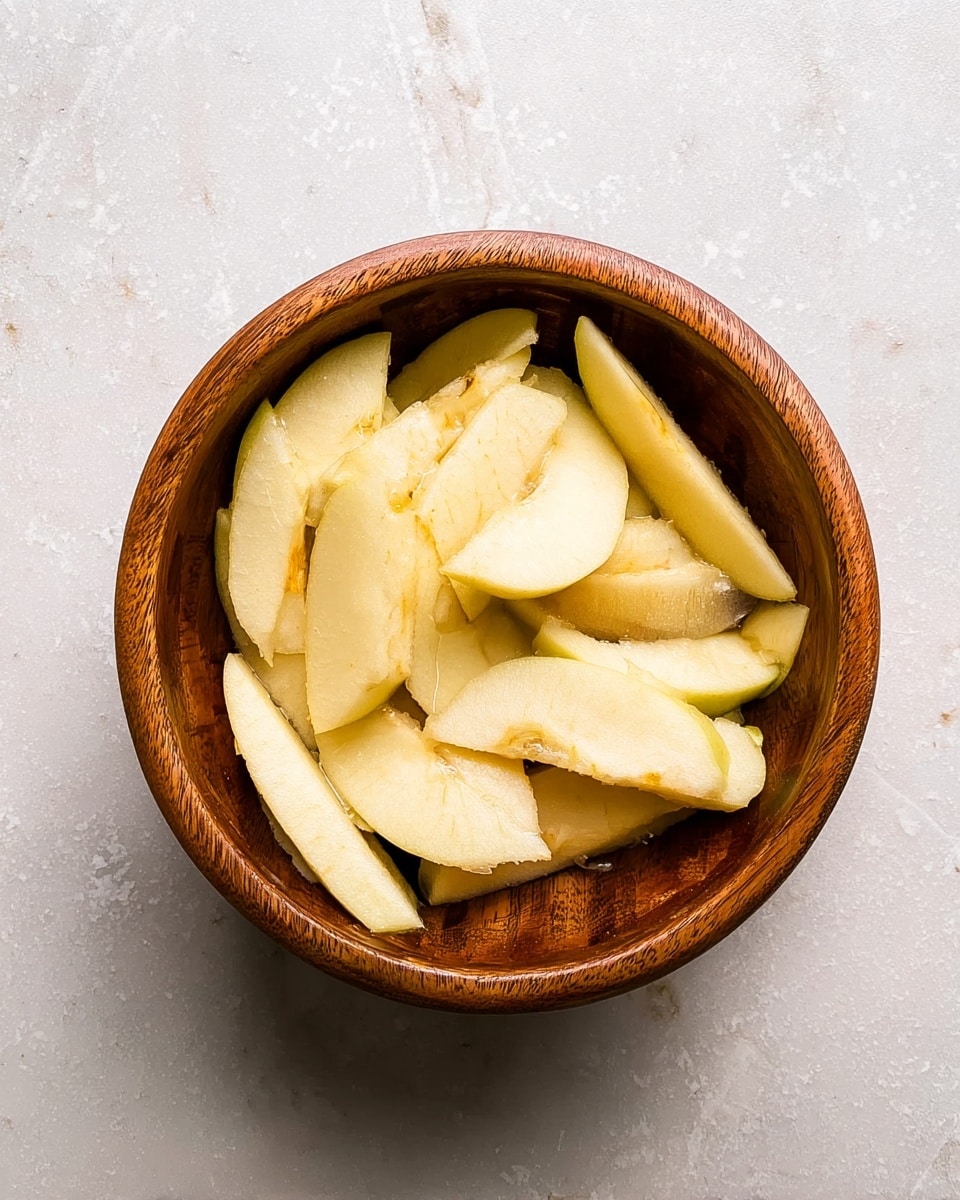 A wooden bowl filled with several slices of peeled apple, all pale yellow in color, layered loosely and spread out with some slices overlapping each other. The bowl has a warm brown tone with natural wood grain patterns visible. The background is a white marbled surface with gentle gray veins, creating a clean and soft contrast to the wooden bowl and the light-colored apple slices. Photo taken with an iphone --ar 4:5 --v 7