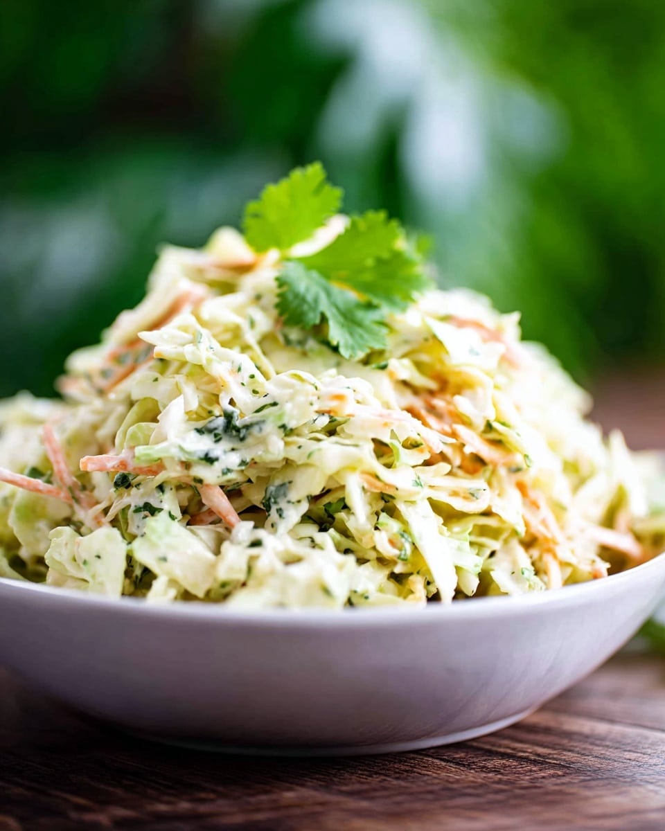 A close-up view of a white bowl filled with creamy coleslaw piled high, showing a mix of shredded pale green cabbage and thin strips of lightly colored carrots, all mixed with a smooth, light dressing. The coleslaw has a slightly chunky texture with small green herb pieces scattered throughout, topped with a fresh green coriander leaf. The background is softly blurred green foliage, and the bowl rests on a wooden surface that contrasts with the dish. Photo taken with an iphone --ar 4:5 --v 7