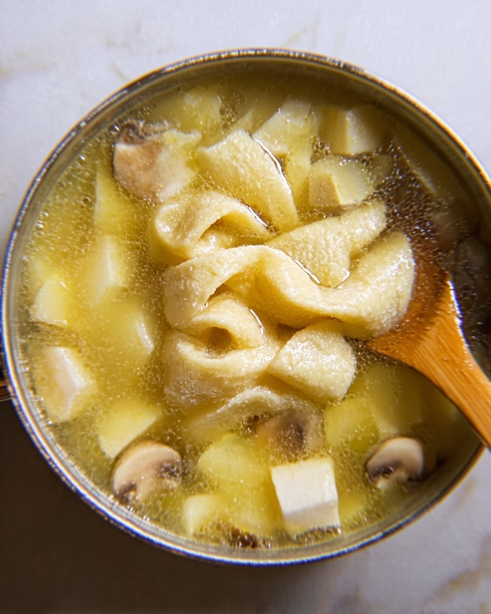 The image shows a close-up of a pot filled with a light yellow soup containing soft, wrinkled, pale yellow tripe pieces stacked in the middle. Around the tripe, there are small cubes of white and light tan mushrooms floating in the clear broth. A light wooden spoon with a smooth texture is partially dipped into the soup on the right side. The overall scene is set on a white marbled surface. photo taken with an iphone --ar 4:5 --v 7