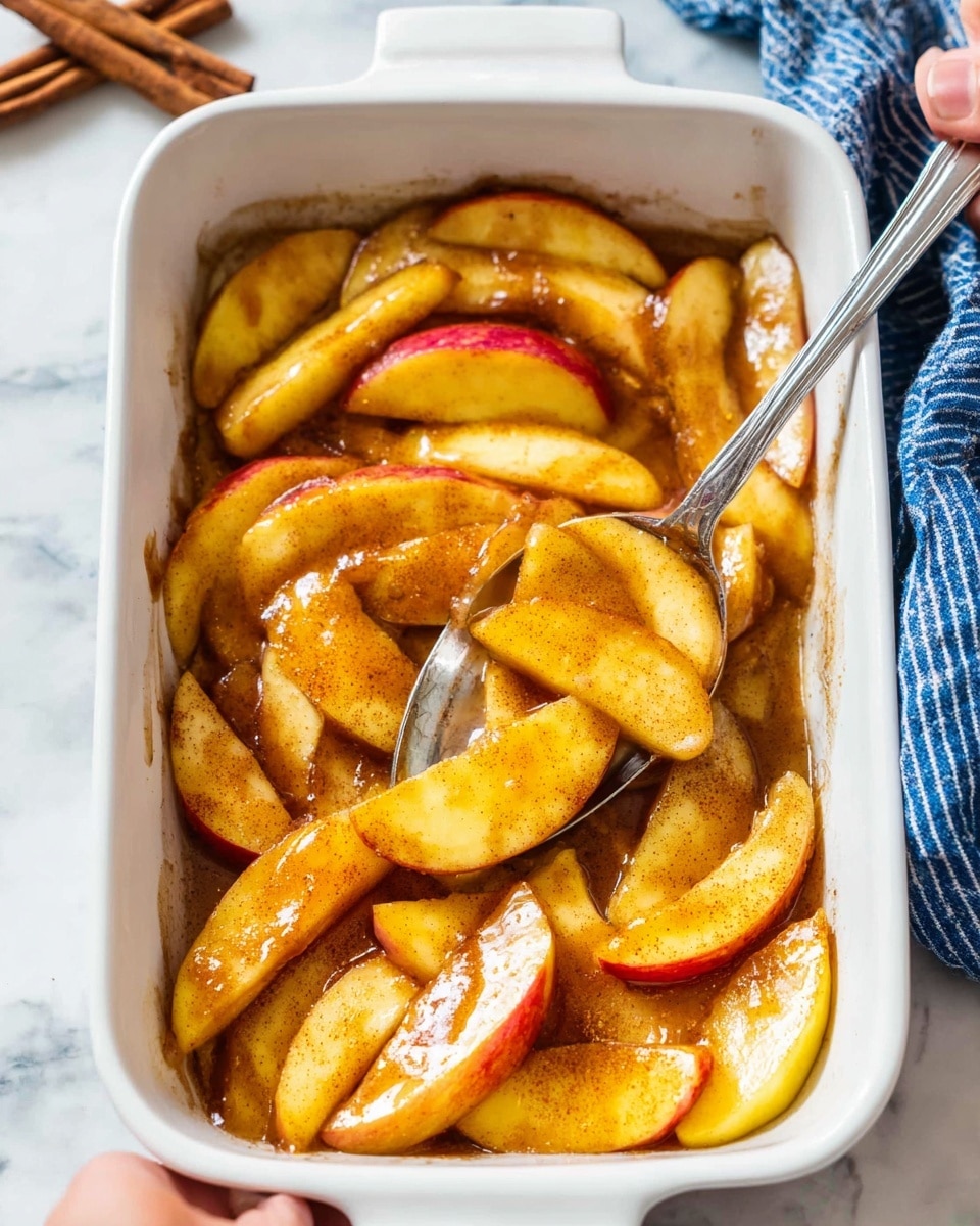 The image shows a rectangular white ceramic dish filled with two layers of cooked apple slices. The apples are soft and covered in a light brown cinnamon sauce that coats each slice, making them look shiny and warm. The apple slices have red and yellow skin, and they are arranged loosely in the dish with some overlapping. A silver spoon rests inside the dish, partly buried in the apples, with its handle leaning out to the side. The background is a white marbled surface with some cinnamon sticks and a blue striped cloth nearby. Photo taken with an iphone --ar 4:5 --v 7