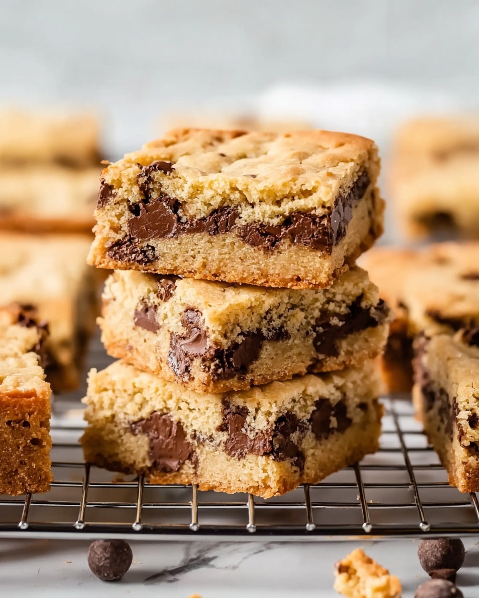 A stack of three square cookie bars is shown on a black cooling rack placed on a white marbled surface. Each bar has a light golden brown color with a soft, crumbly texture and is filled with many large dark brown chocolate chunks that are embedded throughout the thick layers. The top bar slightly leans on the middle one, revealing the moist inside full of chocolate pieces, while other similar cookie bars are scattered out of focus in the background. Photo taken with an iphone --ar 4:5 --v 7