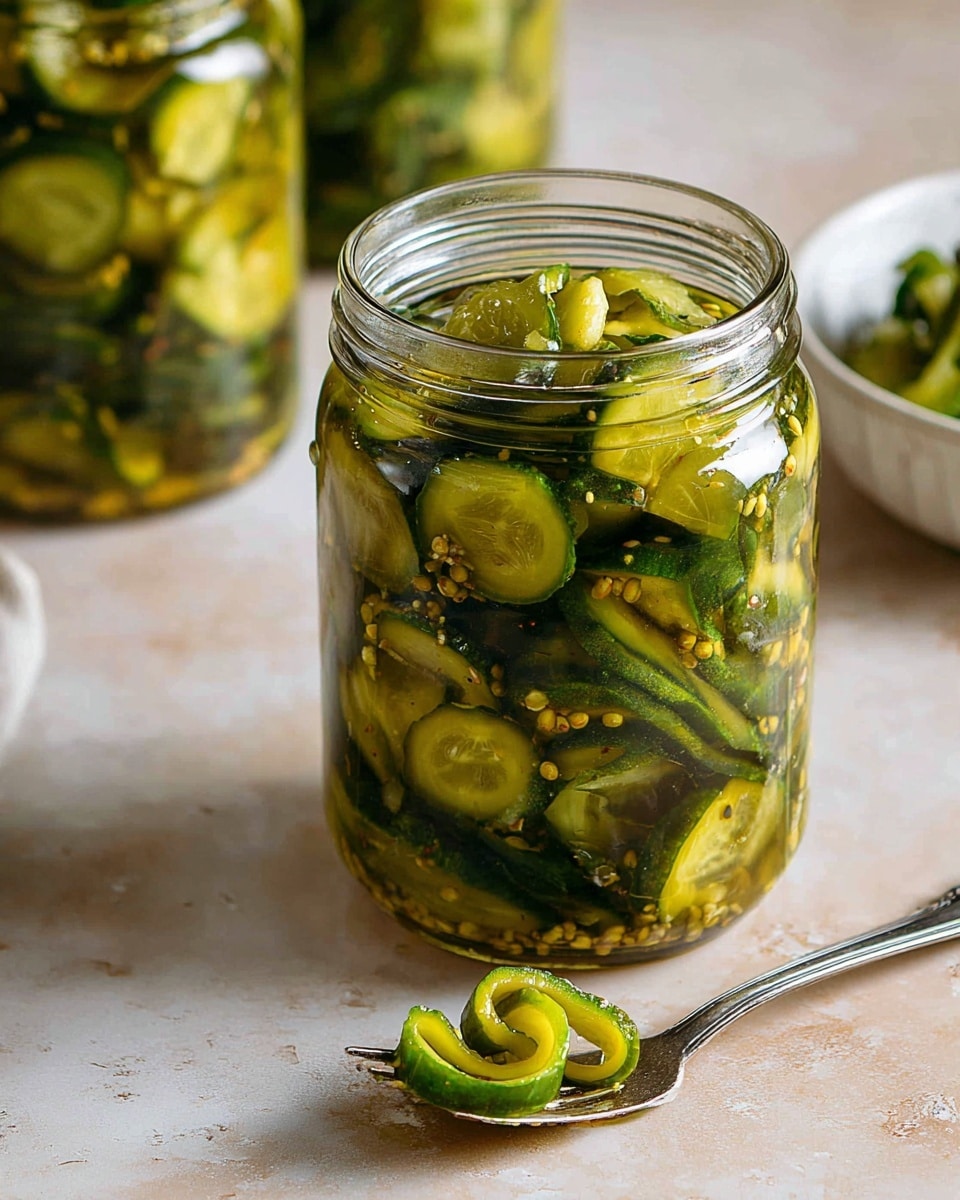 A clear glass jar filled with many green pickles sliced in wavy shapes, mostly round but some curved, packed tightly inside the jar with visible little yellow mustard seeds mixing in a slightly yellow-green brine liquid; in the background there is a blurred white bowl with more pickles and another similar jar, all placed on a beige surface with a white marbled texture; a silver fork with a curly piece of pickle on its tines rests in the foreground. photo taken with an iphone --ar 4:5 --v 7