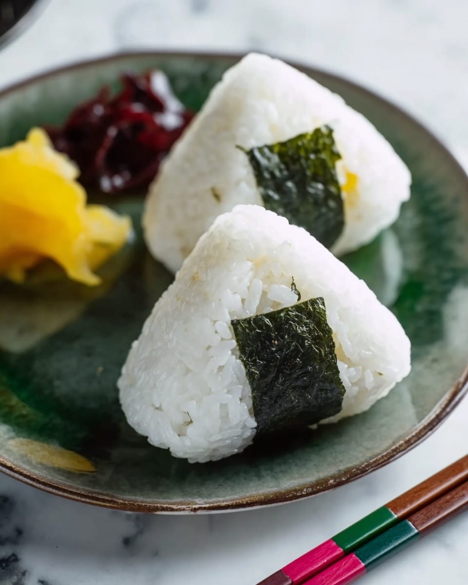 Two white rice onigiri shaped in triangles are placed on a white plate with a green glossy texture. Each onigiri has a dark green seaweed strip wrapped around the lower middle part. On the left side of the plate, there are small portions of yellow pickled radish and dark red pickled vegetables. The plate sits on a white marbled surface, and wooden chopsticks with green and pink bands rest beside it. Photo taken with an iphone --ar 4:5 --v 7