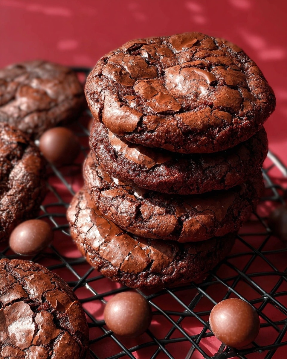 A group of five large chocolate cookies with a cracked, shiny surface is stacked close together on a black wire cooling rack. The cookies are dark brown with a rich, fudgy texture. Scattered around the cookies are smooth, round chocolate drops in deep brown, some resting on a wrinkled white parchment paper underneath part of the cookies. All this is placed on a deep red background with a subtle shadow cast on the right side. The image has a close-up and warm look, showing the cookies' texture clearly. photo taken with an iphone --ar 4:5 --v 7