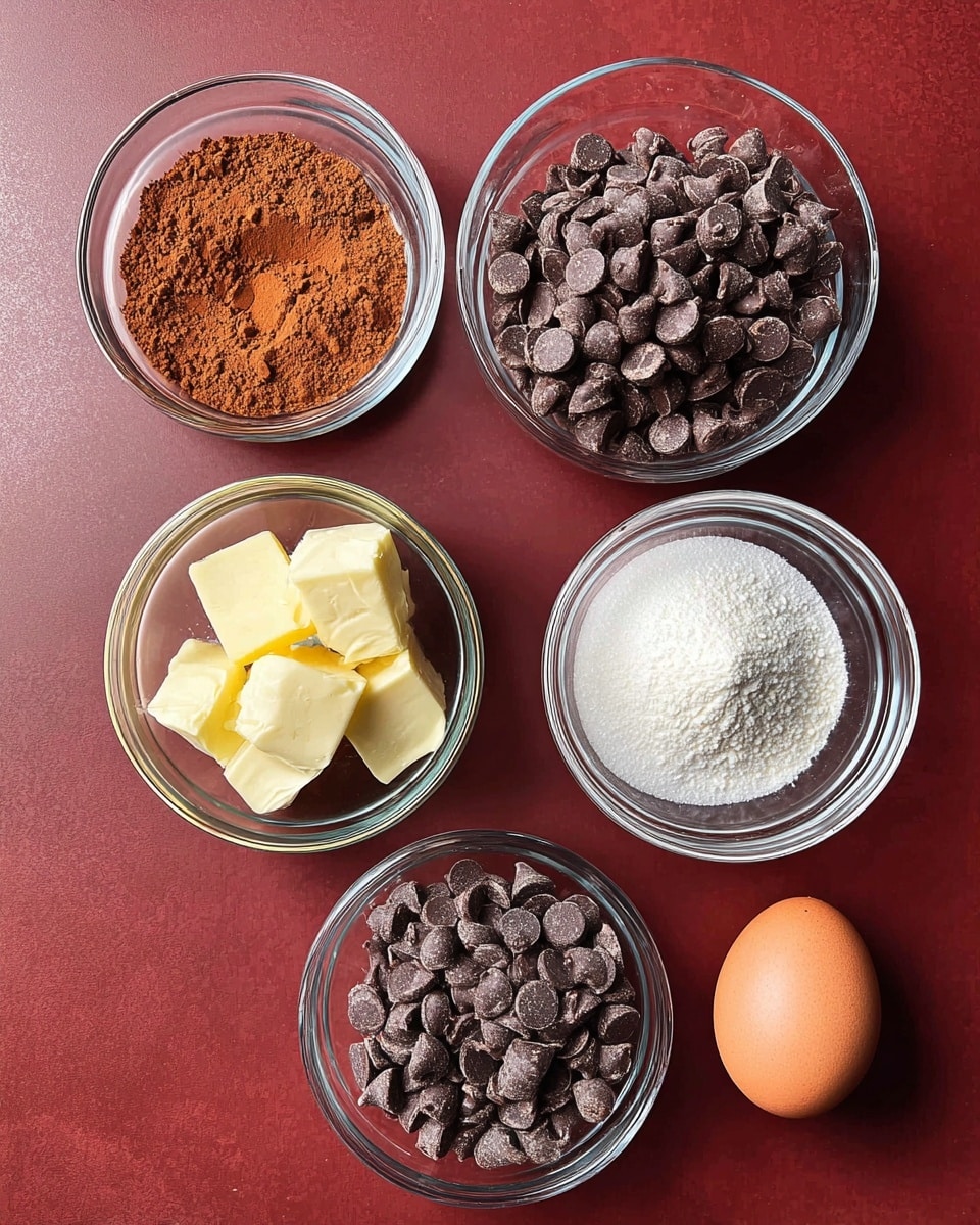 The image shows six clear glass bowls and one brown egg arranged on a smooth maroon surface. The top bowl is full of dark brown chocolate chips with a shiny texture. Below it and to the left is a bowl containing a mix of light orange-brown cocoa powder and white powders that look like baking soda and flour. To the right of the cocoa powder bowl is a bowl filled with granulated white sugar. Below the sugar bowl is a bowl with three thick cubes of pale yellow butter. To the left of the butter bowl is a bowl full of smaller, dark chocolate chips with a slightly frosty look. At the bottom right side rests a single brown egg with a smooth shell. photo taken with an iphone --ar 4:5 --v 7