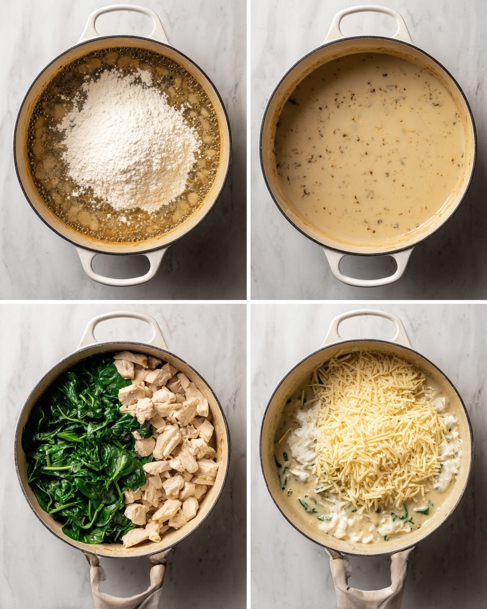 A close-up view of four pictures showing a cooking pot with a white handle on a white marbled surface, arranged in a 2x2 grid. The first picture shows the pot with a bubbling light brown liquid and a pile of white flour on top. The second picture shows the same pot with the mixture stirred, forming a smooth, creamy tan sauce with some small lumps. The third picture shows the pot with the creamy sauce now topped with chopped white chicken pieces, fresh dark green spinach, and white cream placed on the right side. The fourth picture shows the mixture stirred with the chicken and spinach combined into the creamy sauce, topped with a heap of grated pale yellow cheese. Photo taken with an iphone --ar 4:5 --v 7