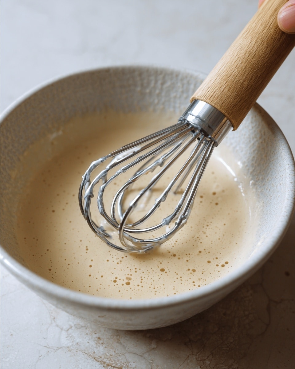 A close-up view of a bowl showing a creamy pale beige batter with tiny bubbles on the surface, being stirred by a whisk with a light wooden handle and a metal spiral head. The bowl is white with a textured inside, and it rests on a white marbled surface. The whisk is partially covered in the smooth batter, creating a contrast between the shiny metal and the mixture. Photo taken with an iphone --ar 4:5 --v 7