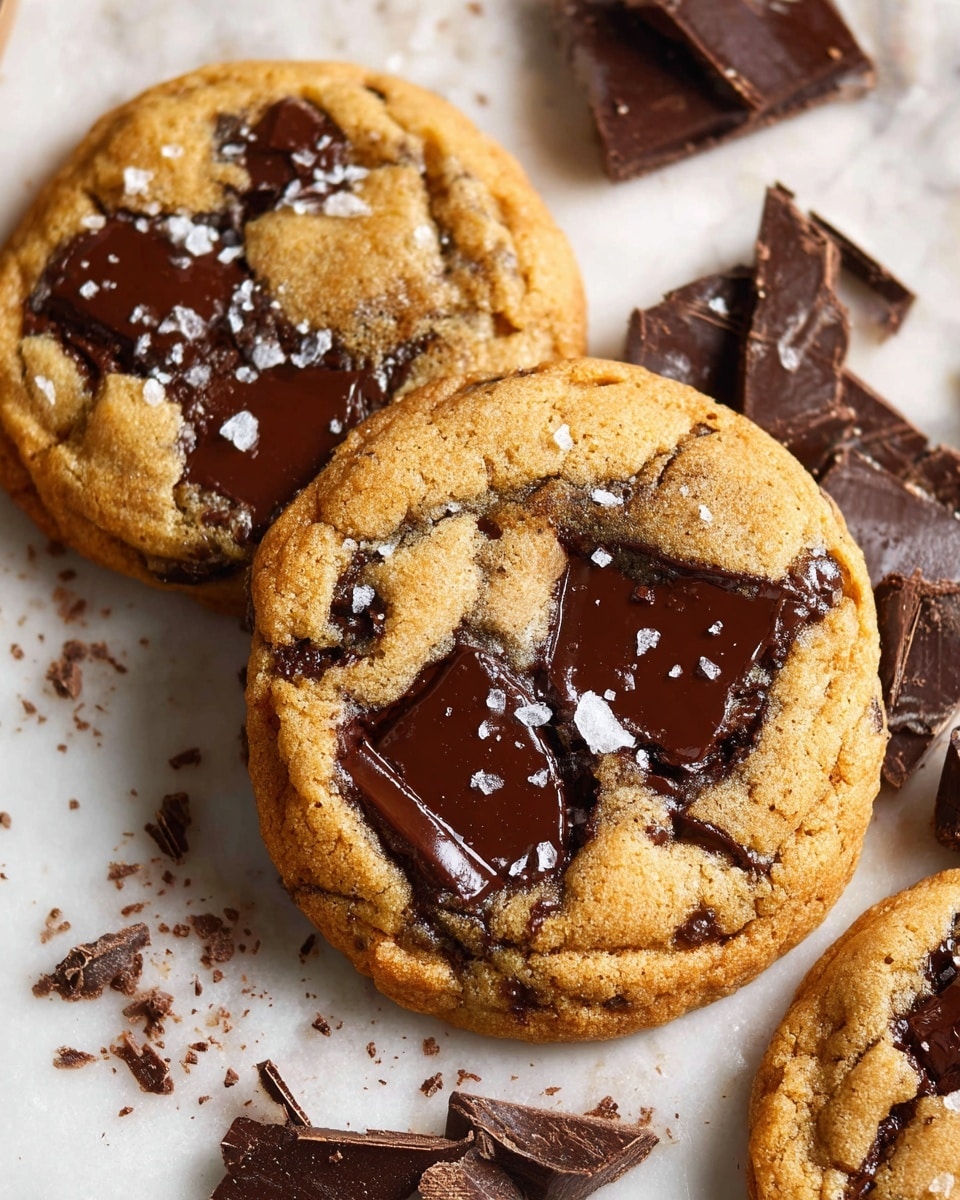 The image shows three round light golden brown cookies with a soft and slightly crisp texture, each embedded with large, shiny dark chocolate chunks that are melting slightly on the surface. The cookies are sprinkled with small flakes of white sea salt, enhancing their look. Around the cookies, there are broken pieces of dark chocolate scattered on a white marbled textured surface underneath. The cookies look fresh and warm, with a slightly raised and cracked top showing the rich chocolate inside. photo taken with an iphone --ar 4:5 --v 7
