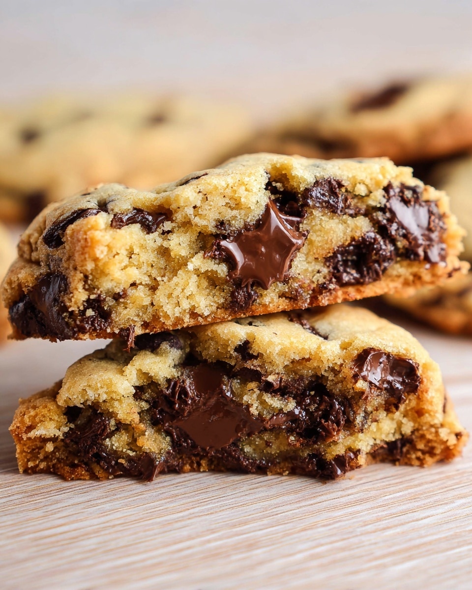 The image shows a close-up of two thick chocolate chip cookie halves stacked on a light wooden surface with a white marbled texture. The top cookie half has a golden-brown, slightly crumbly edge with visible melted dark chocolate chunks embedded inside. The inside layer is soft and moist with gooey chocolate patches, creating a rich contrast with the firmer outer layer. The bottom cookie half appears more broken, showing the dense interior filled with dark chocolate chips and a golden dough. The focus highlights the texture of the cookie and the melted chocolate, giving a warm and inviting look. Photo taken with an iphone --ar 4:5 --v 7