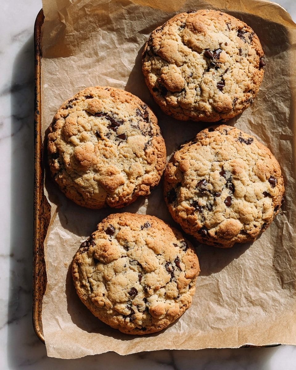 Five large, round cookies with a rough, cracked surface sit on a slightly wrinkled sheet of parchment paper. The cookies are a light golden brown with darker brown spots from chocolate chips scattered throughout. The cookies have a thick, chunky texture with some raised bumps on top. They rest on an old, rustic metal baking tray that shows signs of wear and discoloration. The tray is set on a white marbled texture surface. Photo taken with an iphone --ar 4:5 --v 7