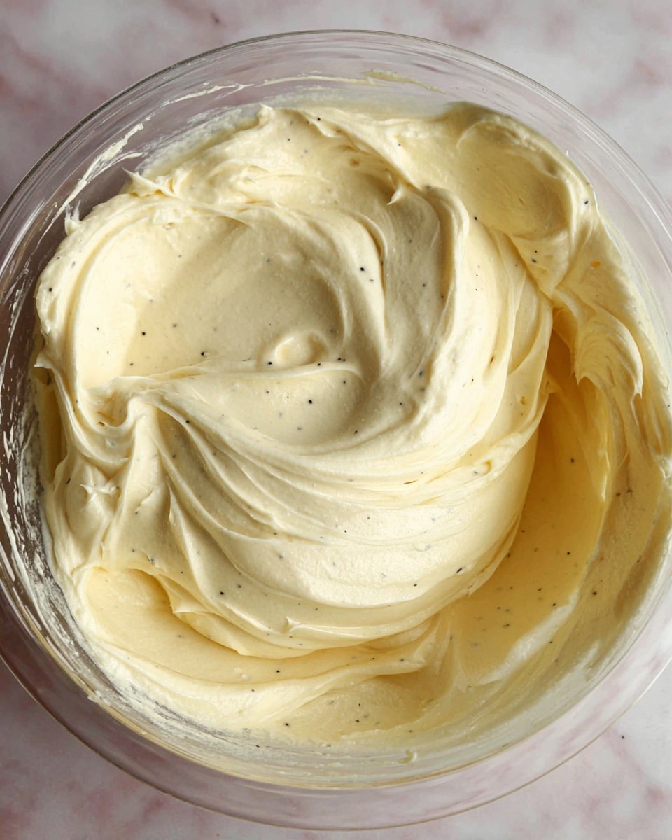 The image shows a close-up of a creamy, smooth, pale yellow mixture with small black specks spread in thick, swirled layers inside a clear bowl. The mixture has a soft, fluffy texture with gentle peaks and valleys formed by stirring or folding. The bowl is placed on a white marbled surface. photo taken with an iphone --ar 4:5 --v 7
