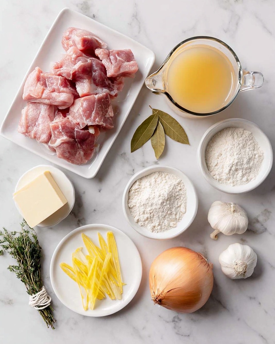 The image shows raw meat pieces placed on a white rectangular plate on the top left, next to a clear glass jug filled with light orange liquid on the top right. Below the jug are two small white bowls, one holding white flour and the other holding a white powdery ingredient. On the bottom right, there is one whole light brown onion and three garlic cloves beside it. On the bottom left, there is a small white plate with several thin yellow strips, likely lemon zest. Above that is a small white bowl with a block of pale yellow butter. On the far left, there is a small bunch of green herbs tied with white string, along with three dried bay leaves resting on the white marbled surface. photo taken with an iphone --ar 4:5 --v 7