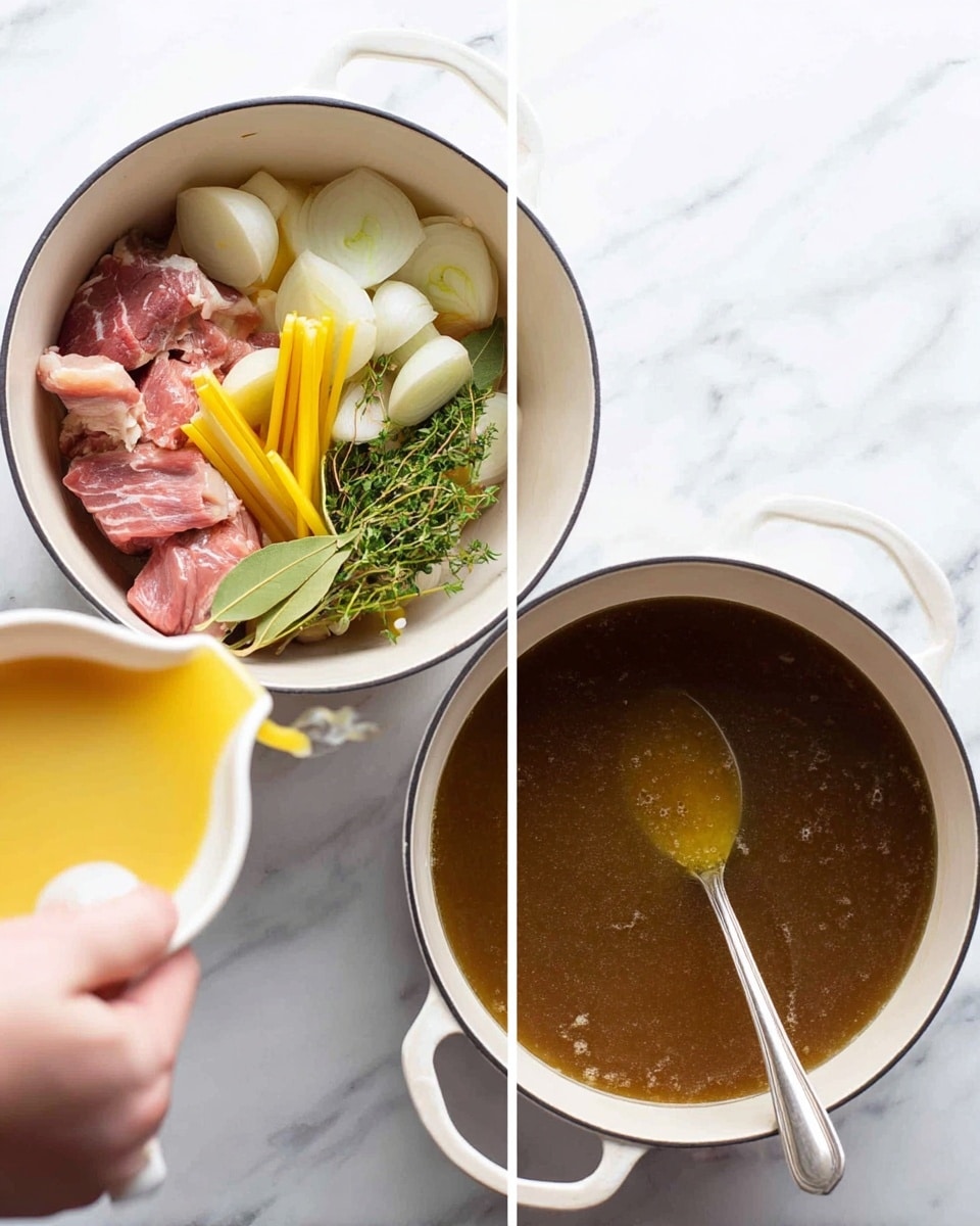 The image shows two white pots on a white marbled surface. The first pot has raw meat pieces with large pieces of peeled white onion, yellow strips of peel, bay leaves, and a small bunch of green herbs tied together. A light yellow liquid is being poured into the pot from the side. The second pot contains a dark brown broth with a smooth texture, stirred by a spoon held by a woman's hand visible at the bottom left. photo taken with an iphone --ar 4:5 --v 7