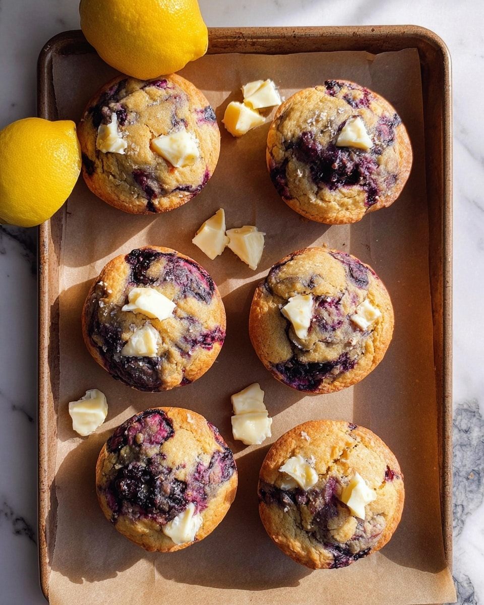 Six round muffins with a golden brown top and dark purple swirls of berries are placed on a light brown baking sheet lined with parchment paper. Each muffin has white cream or butter patches melting on top. There are extra small pieces of white cream or butter scattered around the muffins on the baking sheet. A bright yellow lemon half is positioned on the left side near the muffins. The whole scene is set against a white marbled surface. Photo taken with an iphone --ar 4:5 --v 7