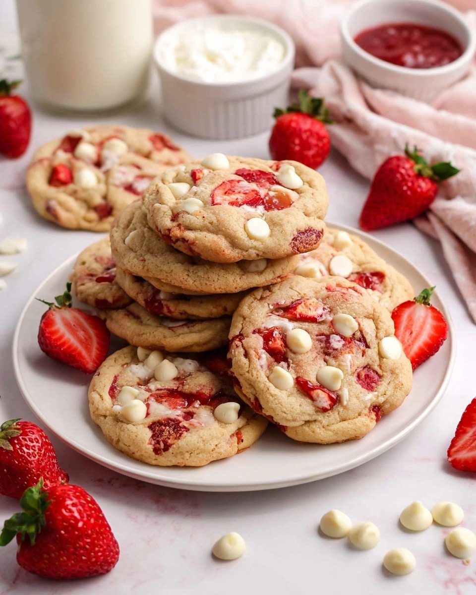A white plate holds a stack of seven soft cookies, each with a light brown base filled with bright red strawberry pieces and creamy white chocolate chips. Some cookies are slightly overlapping, showing their round shapes and textured surfaces. Around the plate, there are fresh whole and sliced strawberries, scattered white chocolate chips, and a small white bowl filled with white cream. In the background, there is a white marbled surface, a glass bottle of milk, and a white bowl with red jam. photo taken with an iphone --ar 4:5 --v 7