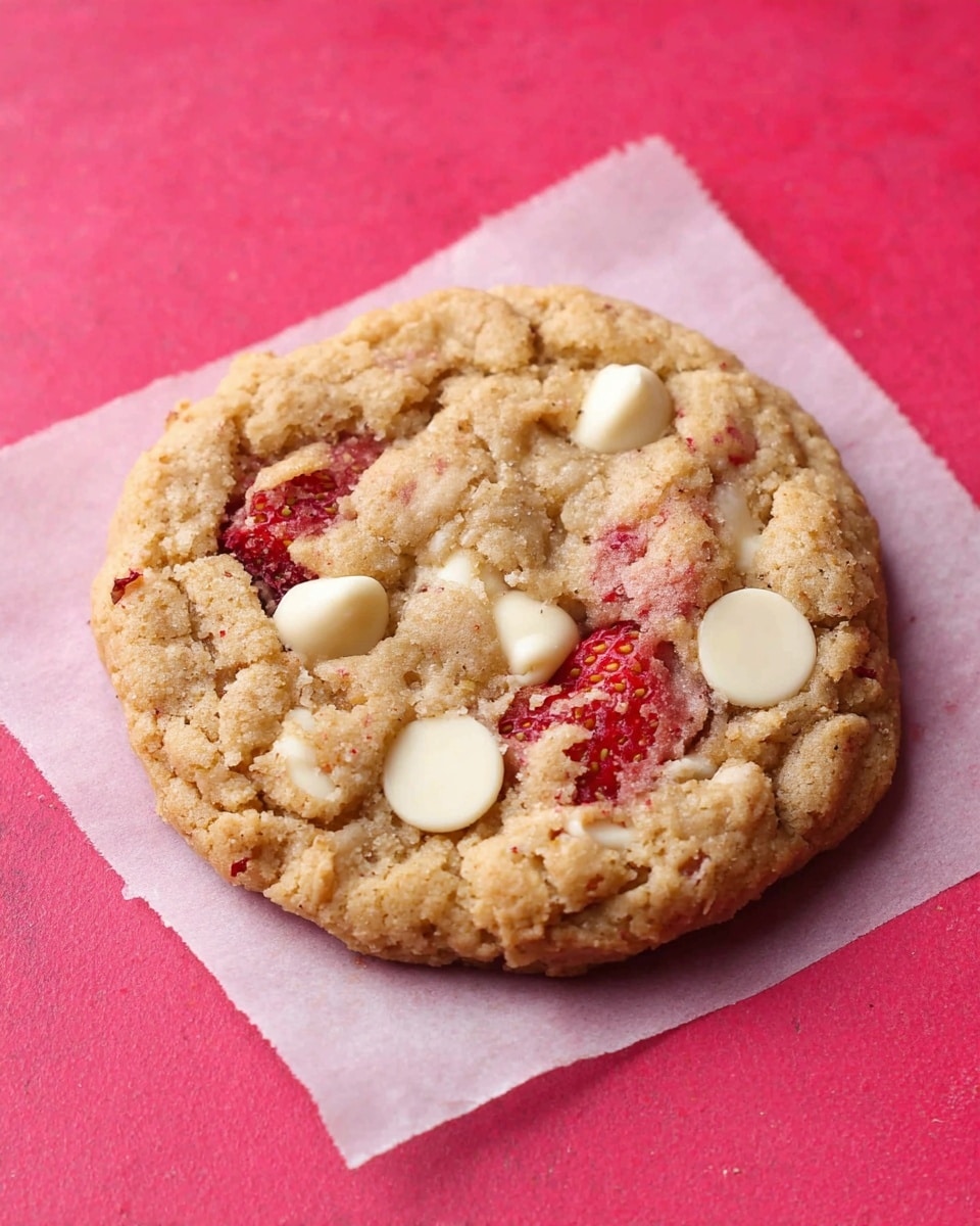 A single round cookie rests on a square piece of white parchment paper against a bright pink background. The cookie has a crumbly, golden-brown texture with visible chunks of red strawberry embedded within its surface. Scattered across the cookie are several smooth, off-white, thick white chocolate chips that add contrast to the rough texture of the cookie dough. The cookie looks thick and soft, with uneven edges and a slightly cracked top. photo taken with an iphone --ar 4:5 --v 7