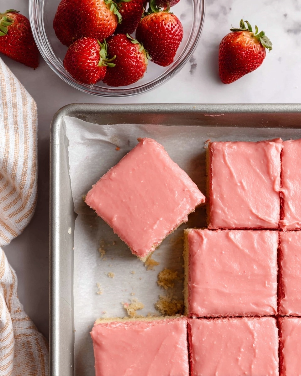 A close-up top view of a baking pan lined with white parchment paper holding six square cake pieces coated with a smooth, thick pink frosting layer; one piece is missing from the top left corner, revealing the gray pan surface and some crumbs; above the pan, there is a clear glass bowl with fresh red strawberries and several more scattered on the white marbled surface nearby; on the left, part of a white and beige striped cloth is visible. Photo taken with an iphone --ar 4:5 --v 7