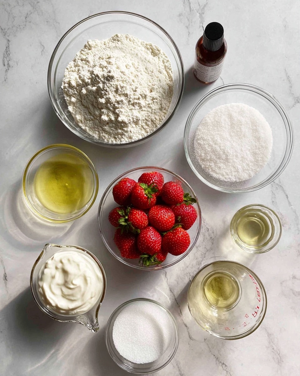 The image shows eight clear glass bowls and a small dark bottle arranged on a white marbled surface. The largest bowl at the top center is filled with white flour. To its right is a medium-sized bowl with white granulated sugar. Below the flour, a medium bowl is full of bright red strawberries with green tops. To the left of the strawberries, a smaller bowl contains a pale yellow liquid, likely oil. At the bottom left, a glass measuring cup holds a light yellow liquid. Next to it, a small bowl has thick white yogurt. Above the yogurt, a small bowl contains a white powder, possibly baking powder or baking soda. A small dark bottle, presumably vanilla extract, is located near the bottom left area. Everything is neatly placed on the white marbled surface, nicely lit by natural light. Photo taken with an iphone --ar 4:5 --v 7