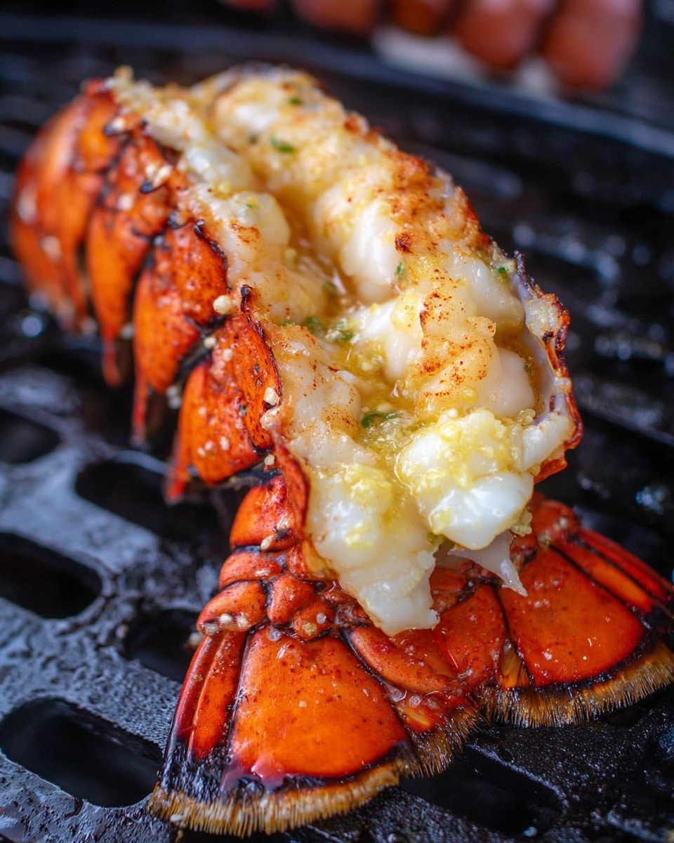 The image shows a grilled lobster tail with its bright red shell split open to reveal tender white meat inside, topped with melted butter that glistens against a slightly charred surface. The lobster tail is placed on a black grill with round holes, with some light charring on the edges of the shell, creating a contrast between the orange-red shell and the creamy white meat. The texture of the melted butter looks smooth and shiny, spreading over the lobster meat, while the grill underneath adds a rugged, dark background. photo taken with an iphone --ar 4:5 --v 7