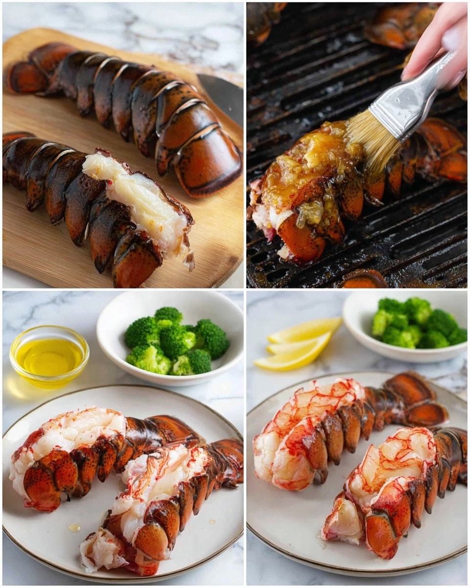 The image shows four stages of cooking lobster tails. The first part has two dark brown lobster tails with a shiny, hard shell lying on a light wooden board. The second part shows a close-up of the same tails, with a silver knife cutting through the shell to reveal the white and red lobster meat inside. The third part has a woman's hand brushing a red sauce with garlic onto the split lobster tails, which are placed on a black grill with holes. The fourth part shows two finished lobster tails on white plates, with the lobster meat on top looking soft and a bit browned, surrounded by red shells. On one plate, there are green broccoli pieces and lemon wedges in white bowls nearby. A small glass bowl of yellow butter sits beside the other plate. The background surface is white marble. photo taken with an iphone --ar 4:5 --v 7
