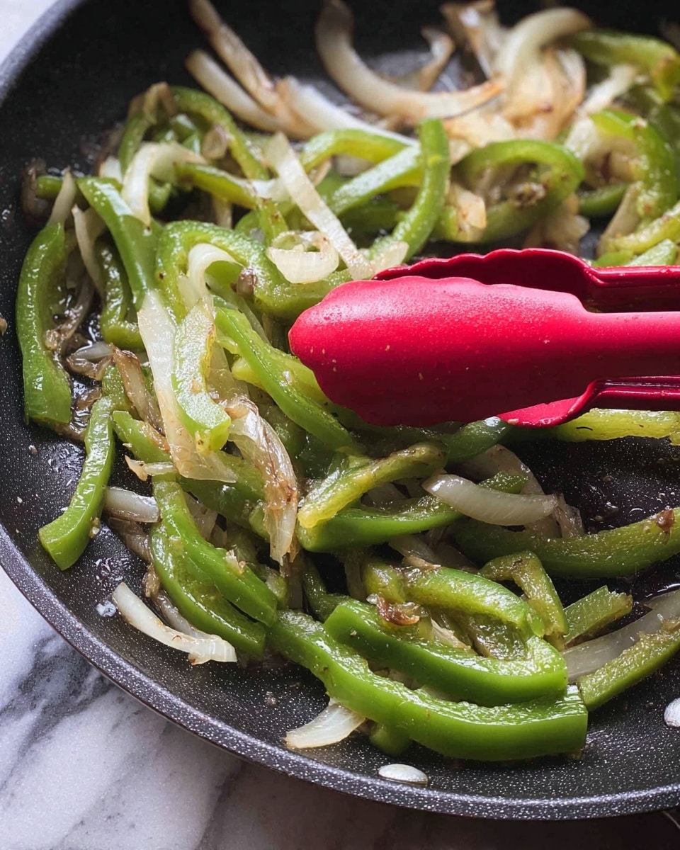The image shows a close-up of cooked green bell pepper strips and thin white onion slices in a black frying pan. The peppers and onions are soft with some slight browning, indicating they are sautéed. A red silicone tong is holding some of the cooked vegetables. The background features a white marbled texture under the pan. photo taken with an iphone --ar 4:5 --v 7
