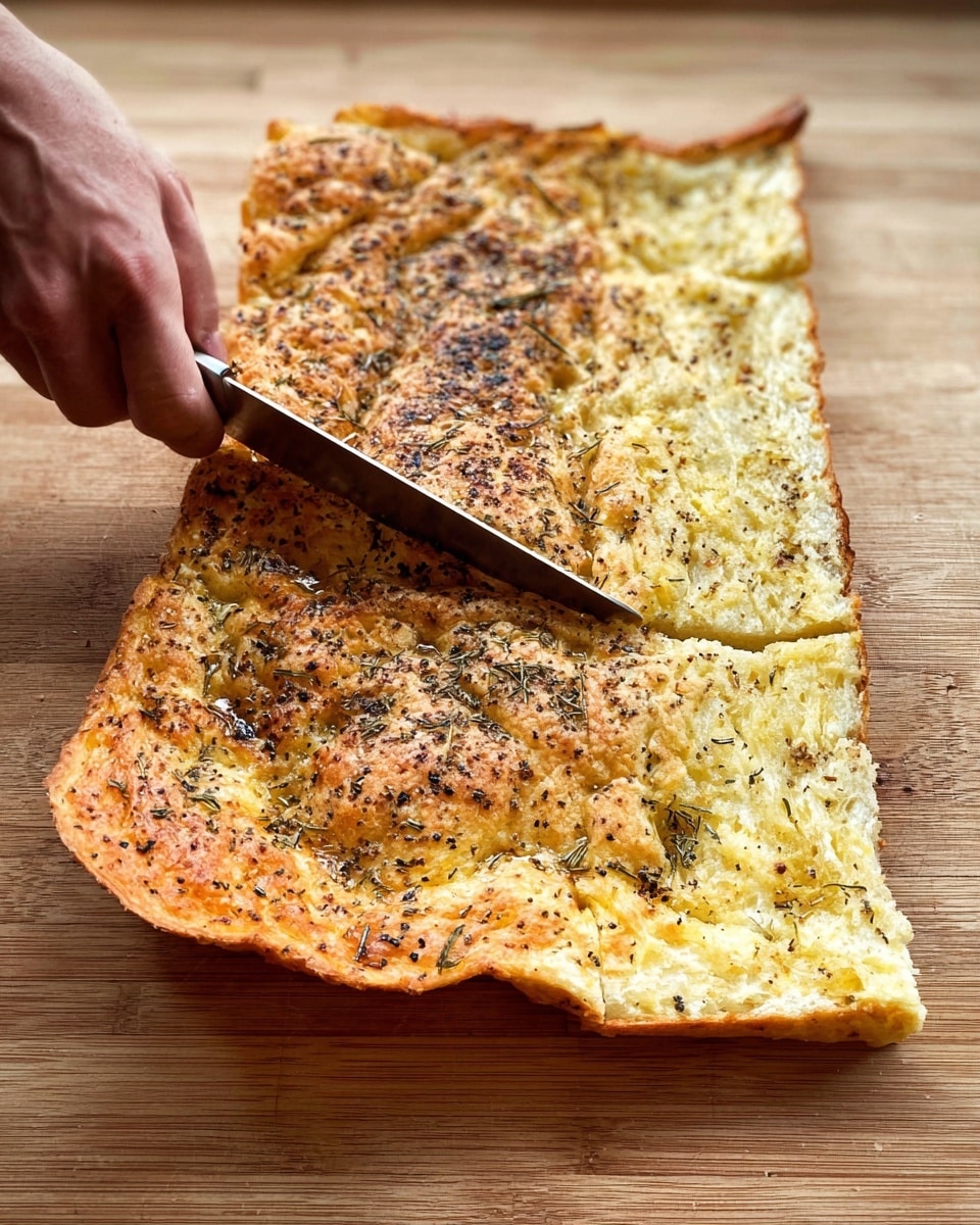 A large, flat, rectangular baked item with a golden brown top layer is shown being sliced by a woman's hand holding a knife. The surface is speckled with black pepper and herbs, giving it texture and contrast. The edges are slightly darker and crispier, while the middle has a soft, fluffy appearance with a yellowish hue. The item is placed on a wooden surface. Photo taken with an iphone --ar 4:5 --v 7