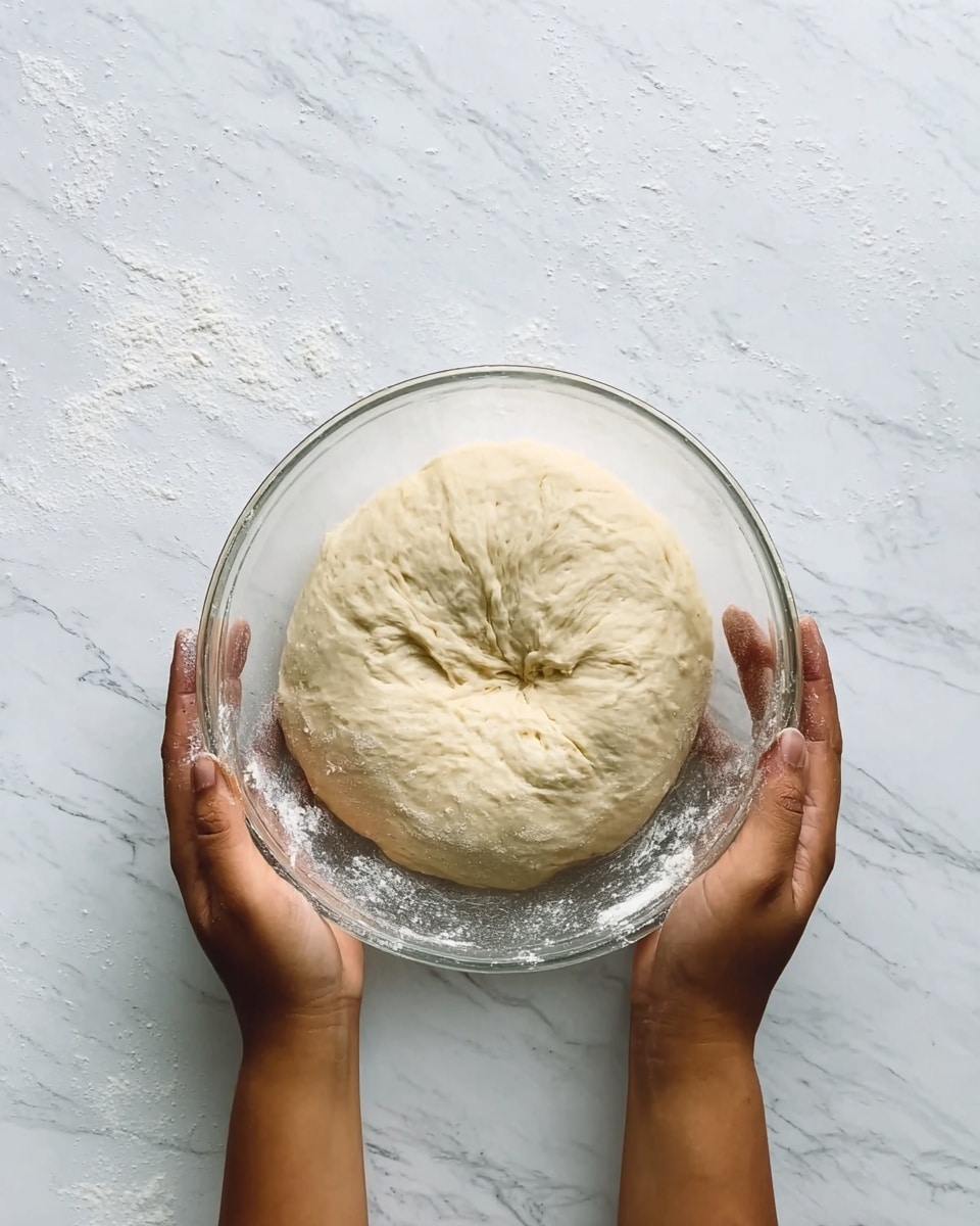 A clear glass bowl is held by two woman's hands with some flour on fingers. Inside the bowl, there is a round, light beige dough with a smooth and slightly sticky texture, showing some air bubbles and a small indentation in the center. The bowl is over a white marbled surface with subtle gray veins. photo taken with an iphone --ar 4:5 --v 7
