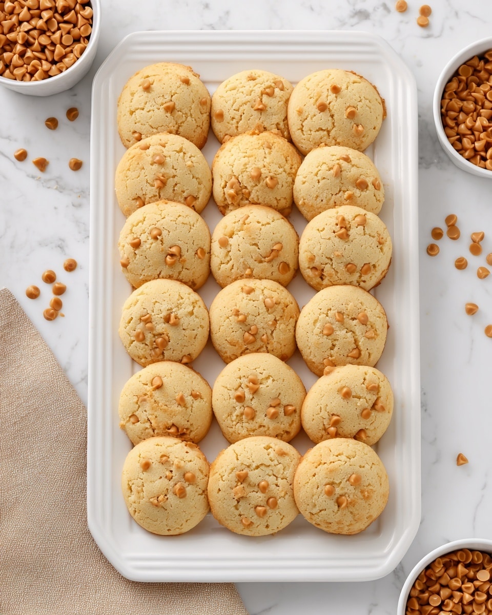 A white rectangular plate holds twenty round cookies arranged in four neat rows of five. Each cookie is light golden with small caramel-colored chips scattered throughout, giving a slightly textured surface. The cookies look soft but firm with a smooth, cracked top. The plate is set on a white marbled textured surface, with a beige cloth partially visible at the bottom left and small white bowls filled with caramel chips on the top left and right sides. Some caramel chips are also scattered on the marble surface around the bowls. Photo taken with an iphone --ar 4:5 --v 7