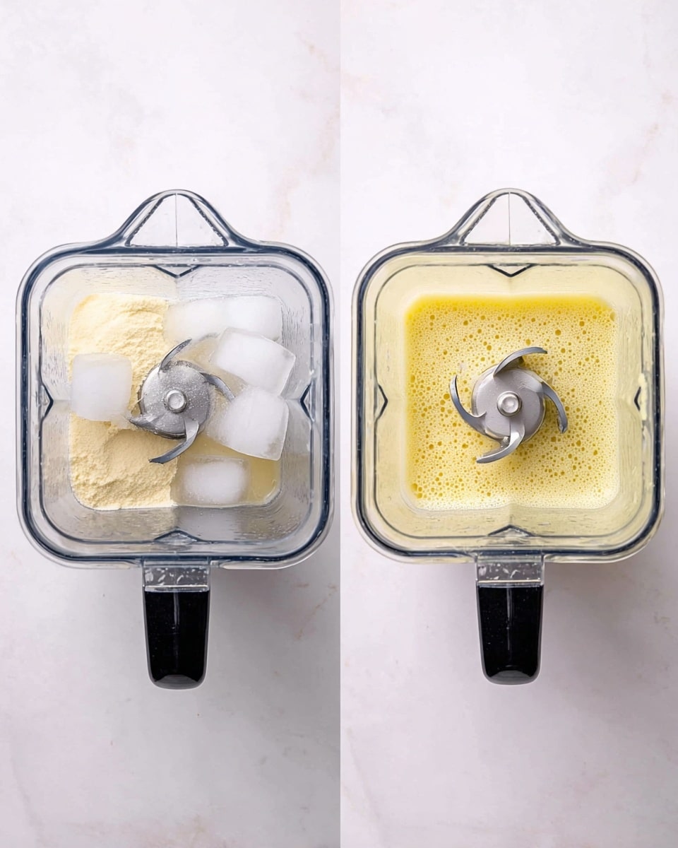 Two clear blender pitchers are shown from above on a white marbled surface. The left pitcher contains several ice cubes, a white powdery ingredient, and a pale yellow liquid around the ice, with the three-pronged silver blade in the center. The right pitcher shows the mixture blended into a smooth, light yellow, slightly bubbly liquid filling the bottom with the same blade in the middle. photo taken with an iphone --ar 4:5 --v 7