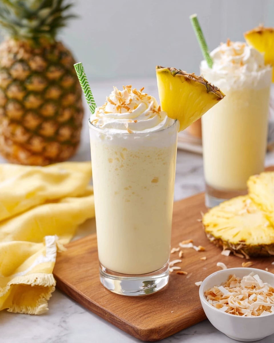The image shows a tall clear glass filled with a creamy pale yellow drink, topped with a swirl of white whipped cream and small light brown sprinkles. A bright yellow pineapple wedge is placed on the rim of the glass, and a green and white striped straw is inserted on the side. The glass sits on a wooden board with a small white bowl of toasted coconut flakes next to it. In the background, there is another similar glass drink with whipped cream and a yellow cloth napkin on a white marbled surface, along with a whole pineapple and a sliced pineapple half. Photo taken with an iphone --ar 4:5 --v 7