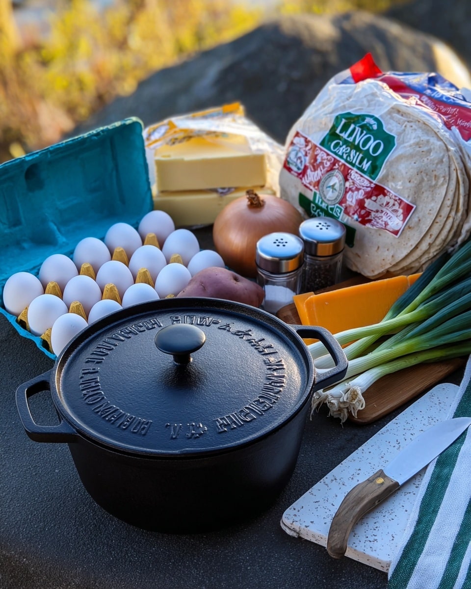 The image shows a black cast iron pot with a lid in the front, sitting on a dark surface. Behind the pot are two sticks of butter, a block of yellow-orange cheddar cheese, a yellow onion, a brown sweet potato, salt and pepper shakers, and green onions in the pot. To the left of the pot, there is a light blue egg carton filled with white eggs, and a large bag of flour tortillas with red, green, and white packaging lying flat. On the right side, there is a white marbled textured cutting board with a knife and a folded dish towel with green stripes on it. The whole scene is outdoors with a blurred natural background. Photo taken with an iphone --ar 4:5 --v 7