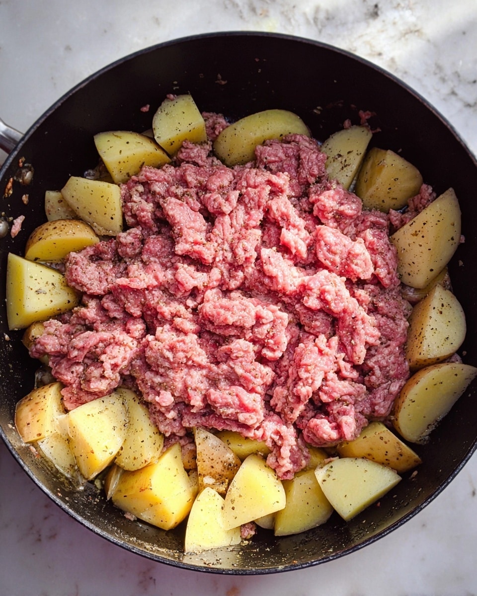 In a large black pan, there is a first layer of chopped yellow potatoes with their skins on, seasoned with black pepper, spread unevenly at the bottom and around the edges. On top of this, there is a thick layer of raw ground meat in a loose, chunky form, covering most of the potatoes in the center. The textures show a contrast between the smooth, firm potato pieces and the soft, moist ground meat. The pan sits on a white marbled surface. photo taken with an iphone --ar 4:5 --v 7