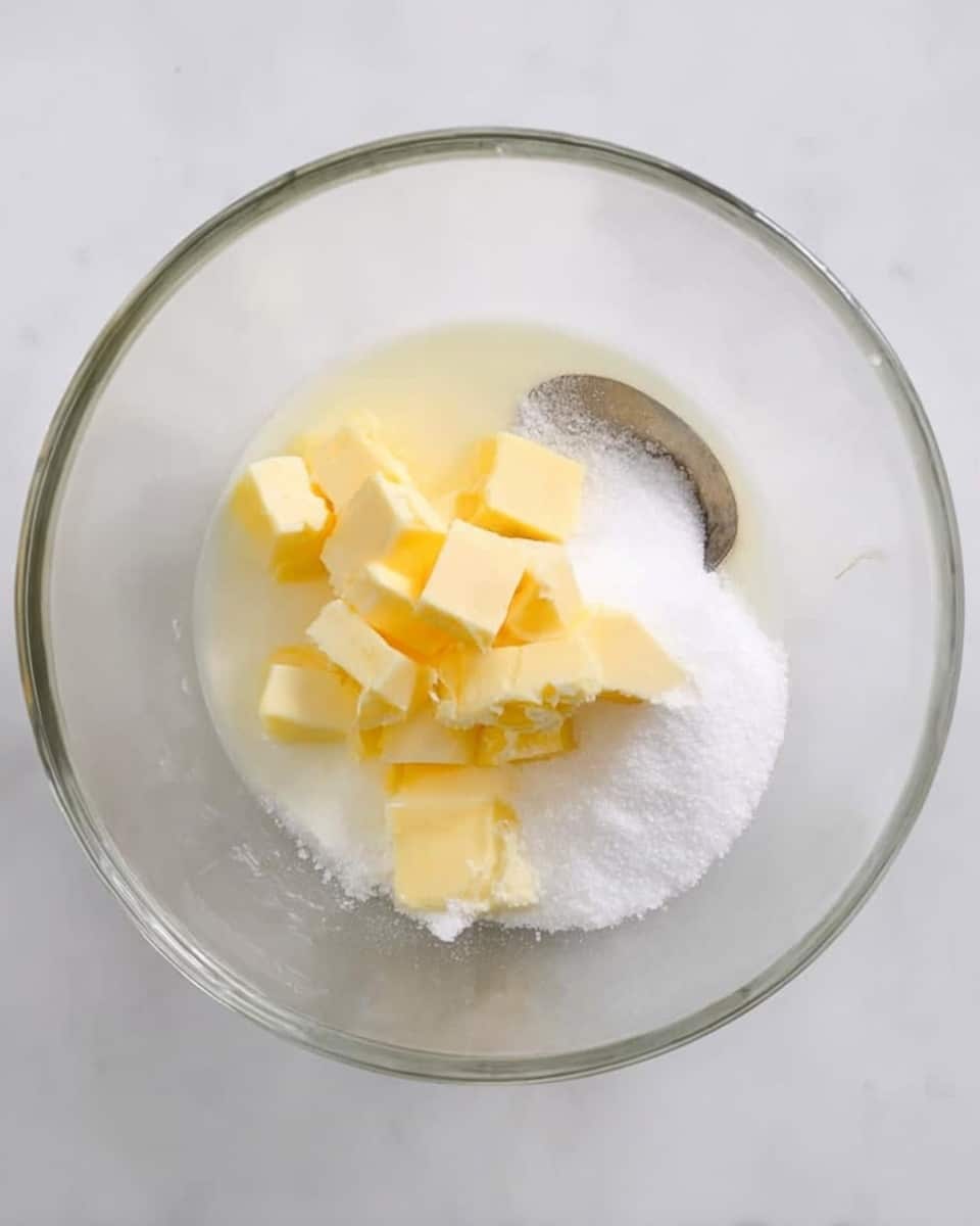 A clear glass bowl sits on a white marbled surface. Inside the bowl, there are small chunks of pale yellow butter scattered on top of a white, granulated sugar layer. A spoon rests partially beneath the butter and sugar mixture, with the handle slightly visible. The bowl is viewed from above, showing a simple and fresh combination of ingredients. photo taken with an iphone --ar 4:5 --v 7