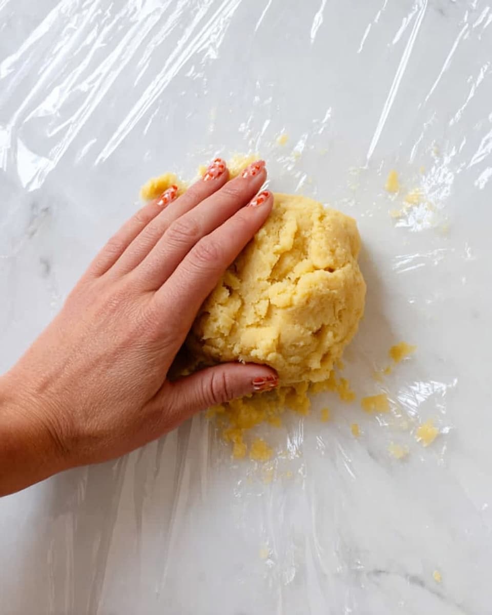 A woman's hand with painted nails is pressing down on a ball of yellow dough that has a crumbly texture, placed on clear plastic wrap spread over a white marbled surface. The dough looks soft and slightly grainy, sitting centrally on the plastic, with some small pieces loosely around it. Photo taken with an iphone --ar 4:5 --v 7