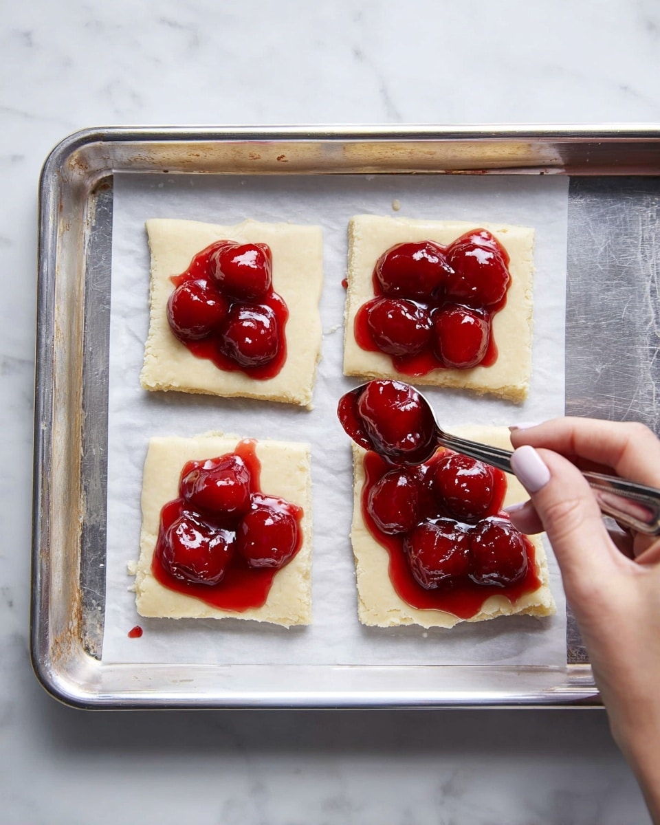 A metal baking tray with white parchment paper holds four square pieces of pale dough, each topped with a bright red cherry filling that is shiny and juicy. The cherry filling is placed slightly off-center on each square, with some syrup dripping on the dough and parchment. A woman's hand with light skin and natural nails is holding a spoon, spreading more cherry filling onto one of the bottom dough squares. The background is a white marbled texture. photo taken with an iphone --ar 4:5 --v 7