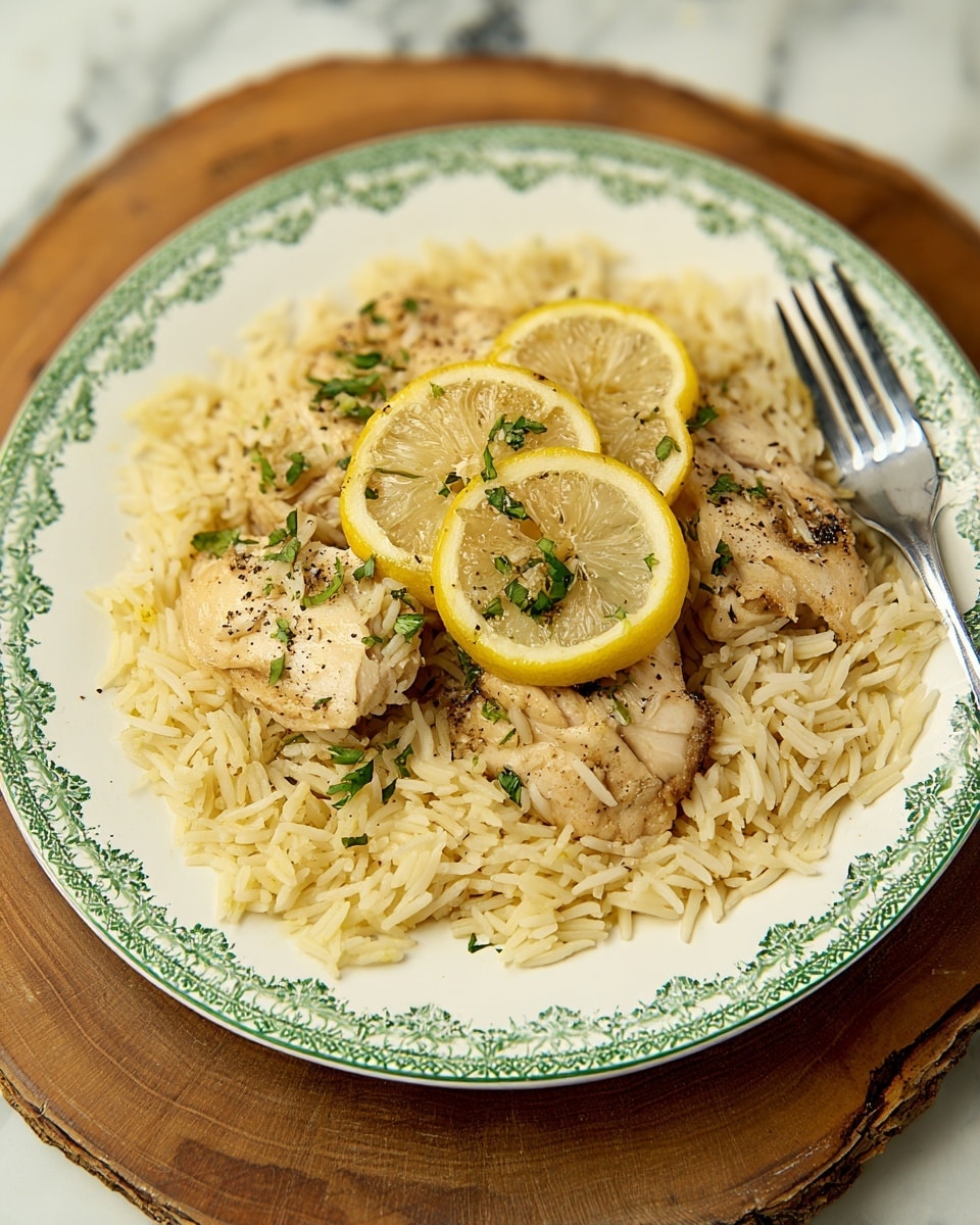A white plate with a green floral edge holds a meal of yellowish cooked long-grain rice spread across the base. On top of the rice are pieces of light brown cooked chicken seasoned with black pepper. Two slices of lemon with green herb bits rest on the chicken. A silver fork is placed on the right side of the plate. The plate sits on a round wooden surface, and the background shows a white marbled texture. Photo taken with an iphone --ar 4:5 --v 7