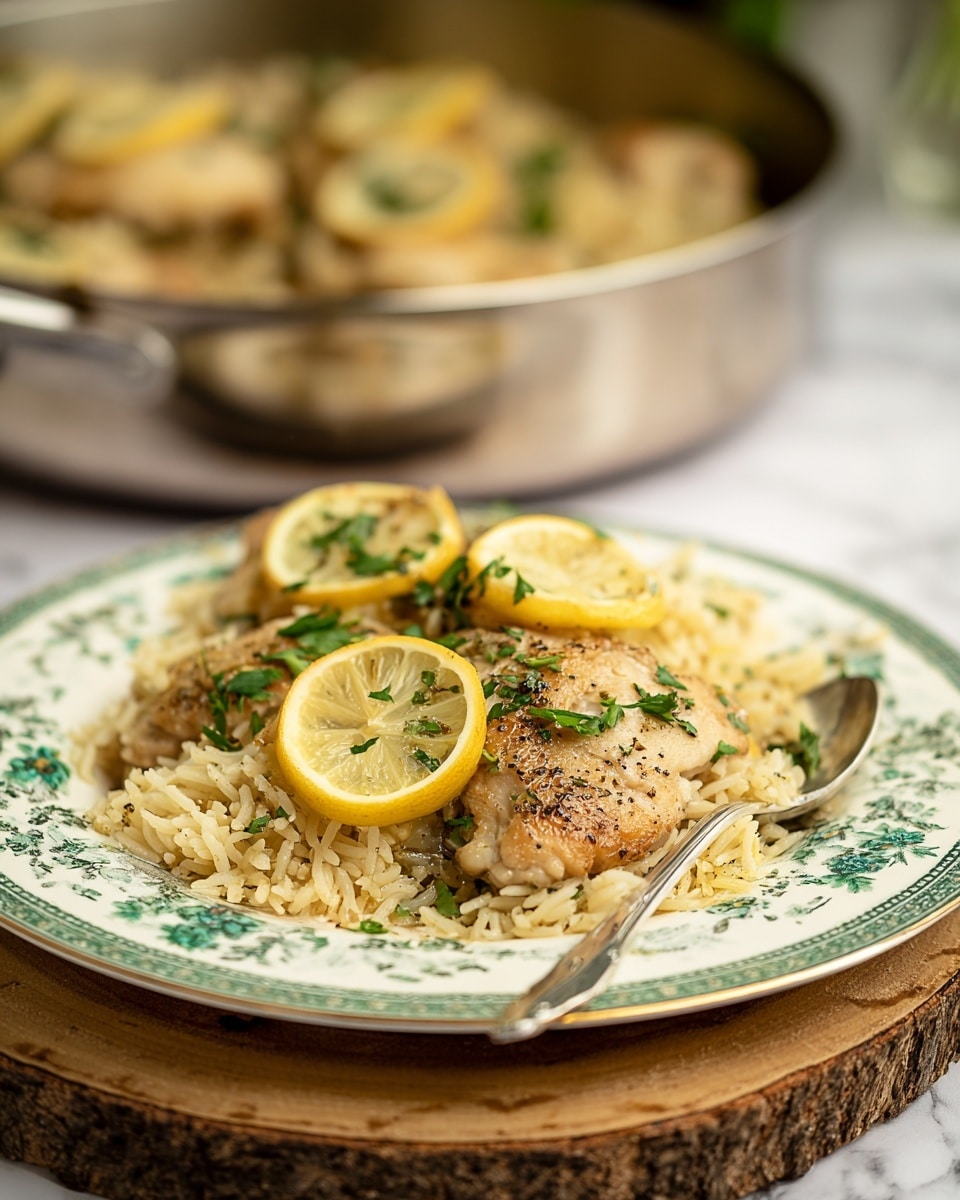 A white plate with green floral edges holds a dish with two main layers: the base is light yellow rice with a fluffy texture, and on top sit two cooked pieces of light brown chicken seasoned with black pepper and fresh green parsley. Each chicken piece is topped with a thin slice of bright yellow lemon. A silver spoon rests on the right edge of the plate. The plate is placed on a round wooden slice, and in the background, there is a shallow stainless steel pan filled with more of the same chicken and rice dish. The scene is set on a white marbled surface. photo taken with an iphone --ar 4:5 --v 7