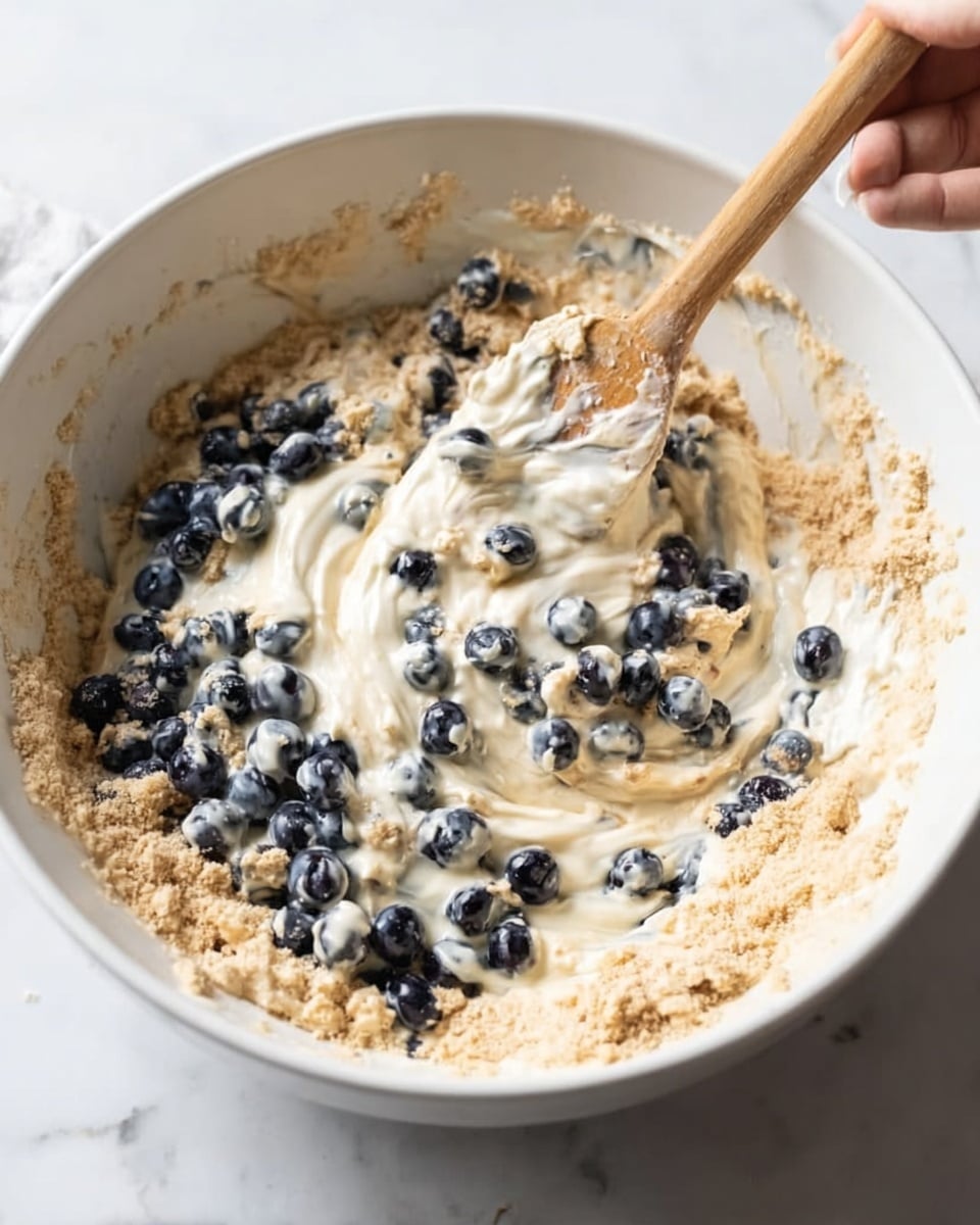 A white bowl filled with a mixture of light beige crumbs covering the sides and bottom, topped with swirls of creamy white batter that is gently folded with a wooden spoon. Scattered throughout the batter are small, round, dark blue berries that add pops of color. The bowl sits on a white marbled surface, and a woman's hand holds the wooden spoon inside the bowl, partially covered with batter. Photo taken with an iphone --ar 4:5 --v 7