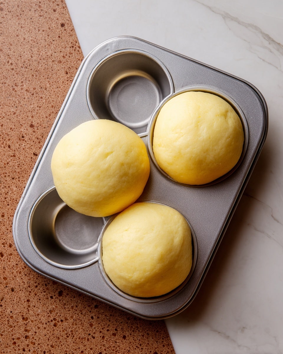 A metal muffin tray with three spaces shown, two empty and one filled with three round balls of pale yellow dough placed closely together inside one section. The dough balls have a smooth texture and a soft, slightly uneven surface. The tray rests on a white marbled countertop, and part of a brown speckled countertop is visible on the left side of the image. Photo taken with an iphone --ar 4:5 --v 7