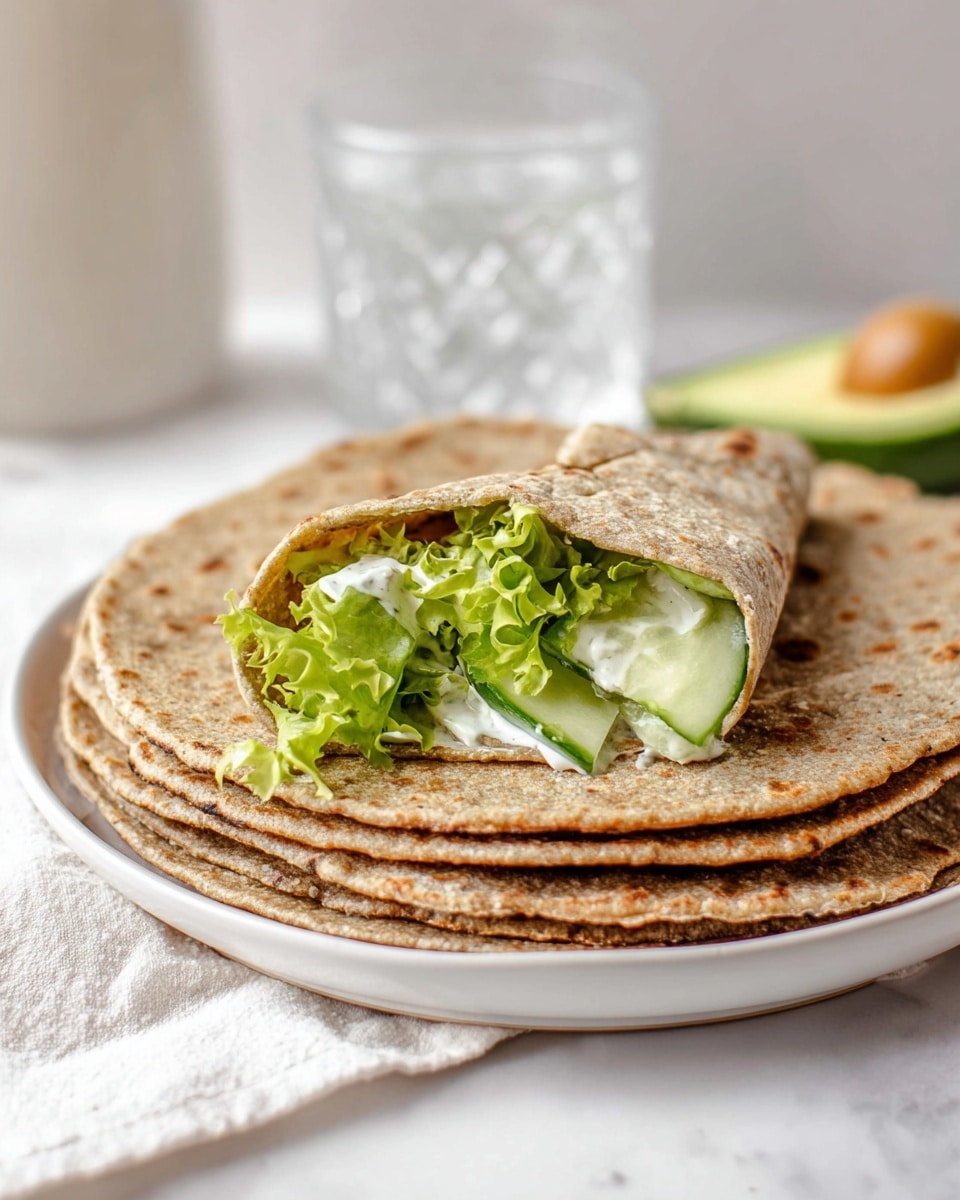 A stack of five round, brownish flatbreads with a rough texture sits on a white plate over a white marbled surface. On the top flatbread, a small wrap is folded in half, filled with layers of bright green curly lettuce and light green cucumber slices with creamy white dressing drizzled on top. Part of a halved avocado is visible on the right edge of the image, and in the background, there is a clear glass of water that is slightly blurred. Photo taken with an iphone --ar 4:5 --v 7