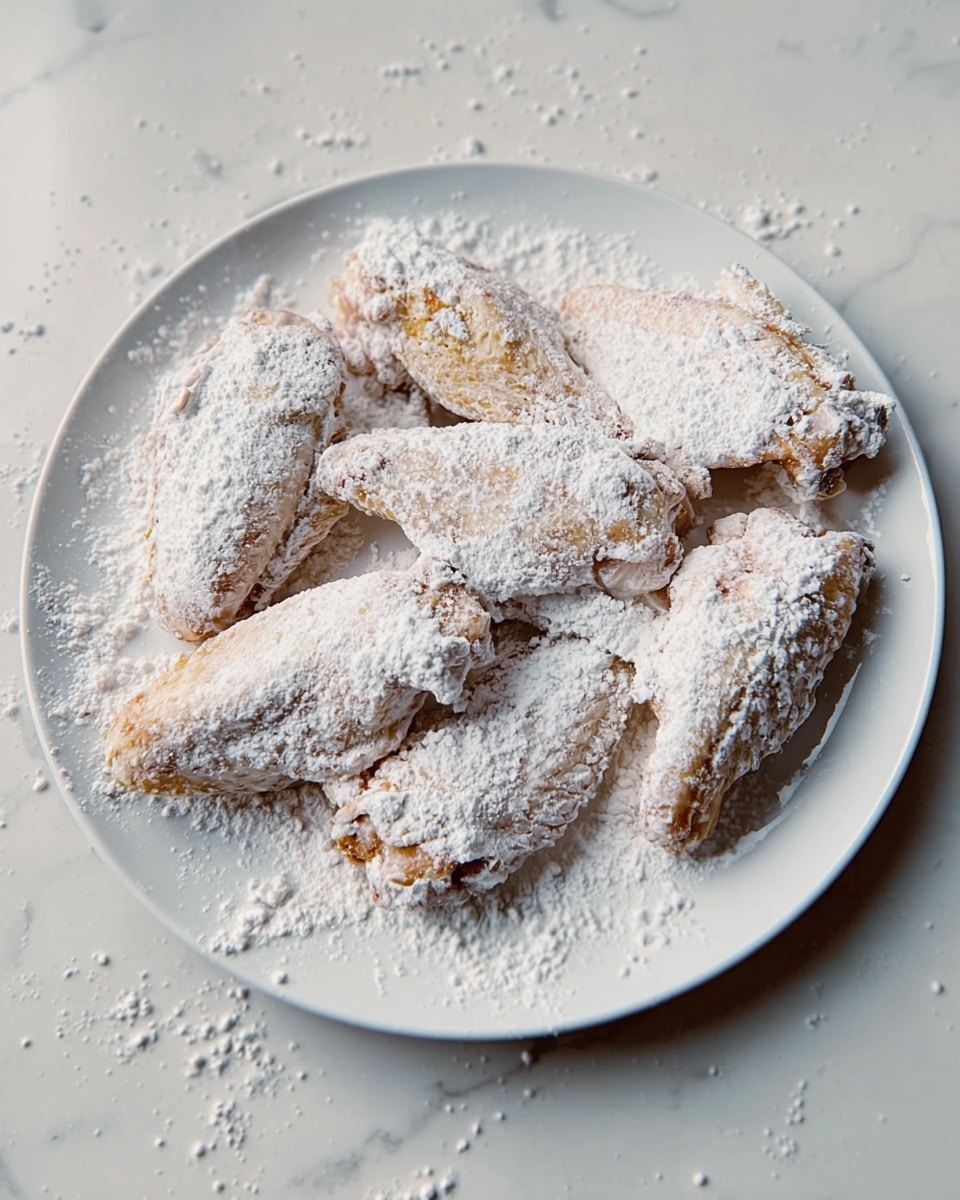A white plate holds six raw chicken wings covered in a thick layer of white flour. The wings lie close together with their uneven shapes showing through the flour, which gives them a powdery and rough texture. The flour is scattered around the plate, creating a messy look on the white surface. The plate rests on a white marbled textured background. photo taken with an iphone --ar 4:5 --v 7